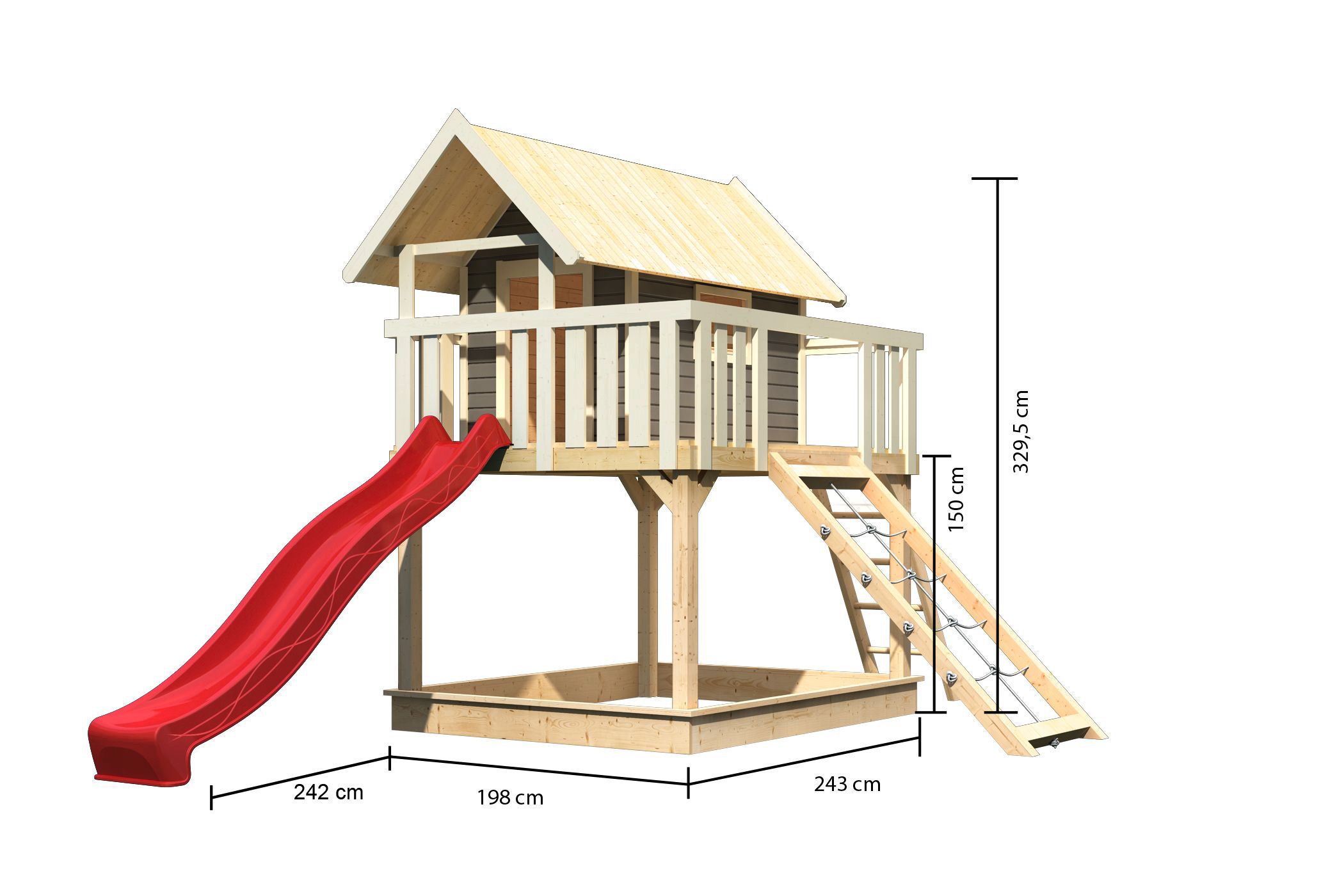 Maßzeichnung des AKUBI Spielturm Fidel mit Bemaßung von Grundfläche und Höhe