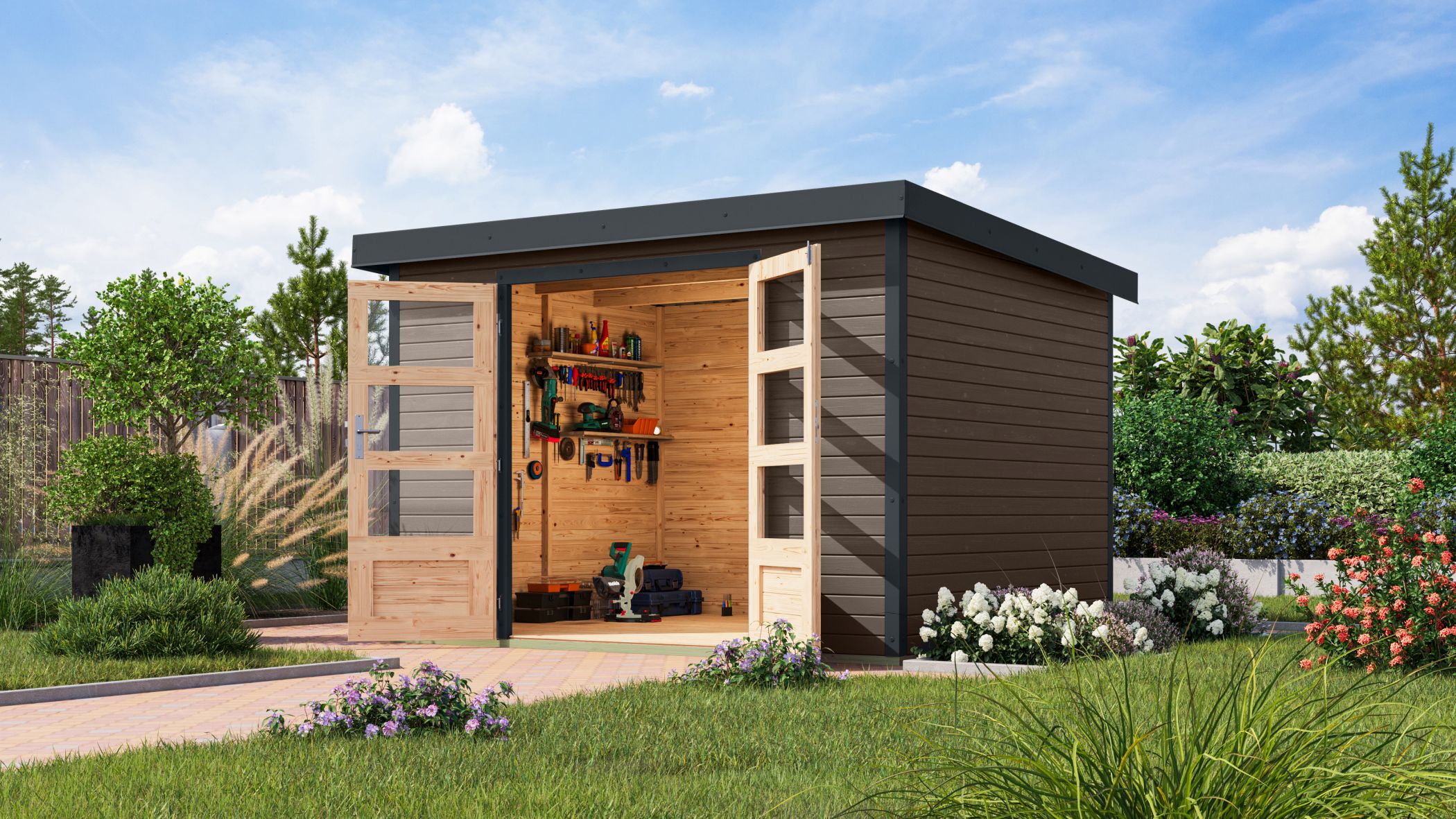 Gartenhaus Holz & Metall Jupiter 5 terragrau - Metall anthrazit / Lagerabverkauf