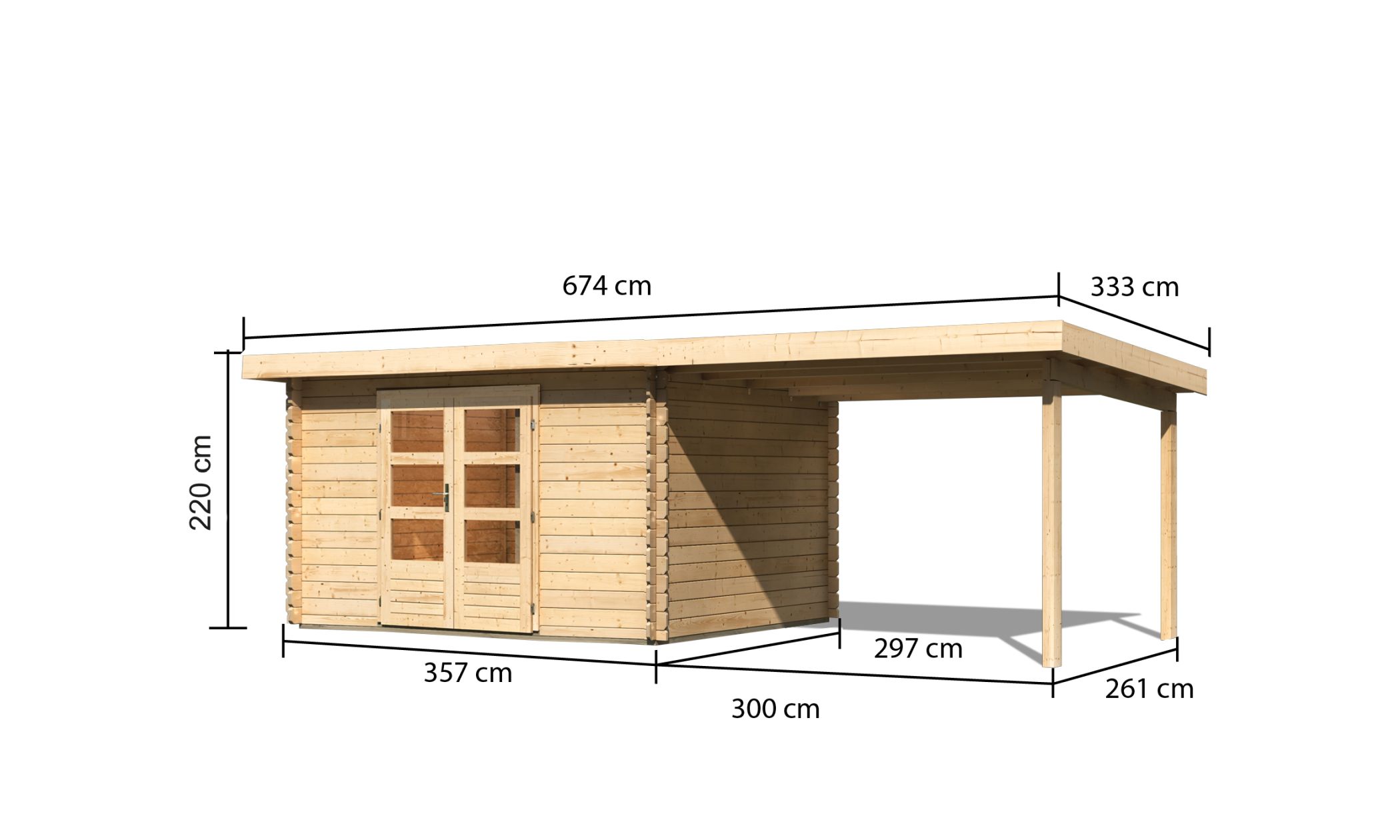 Bemaßte Maßzeichnung des Karibu Gartenhaus Bastrup 7 mit Anbaudach, 674 × 333 cm
