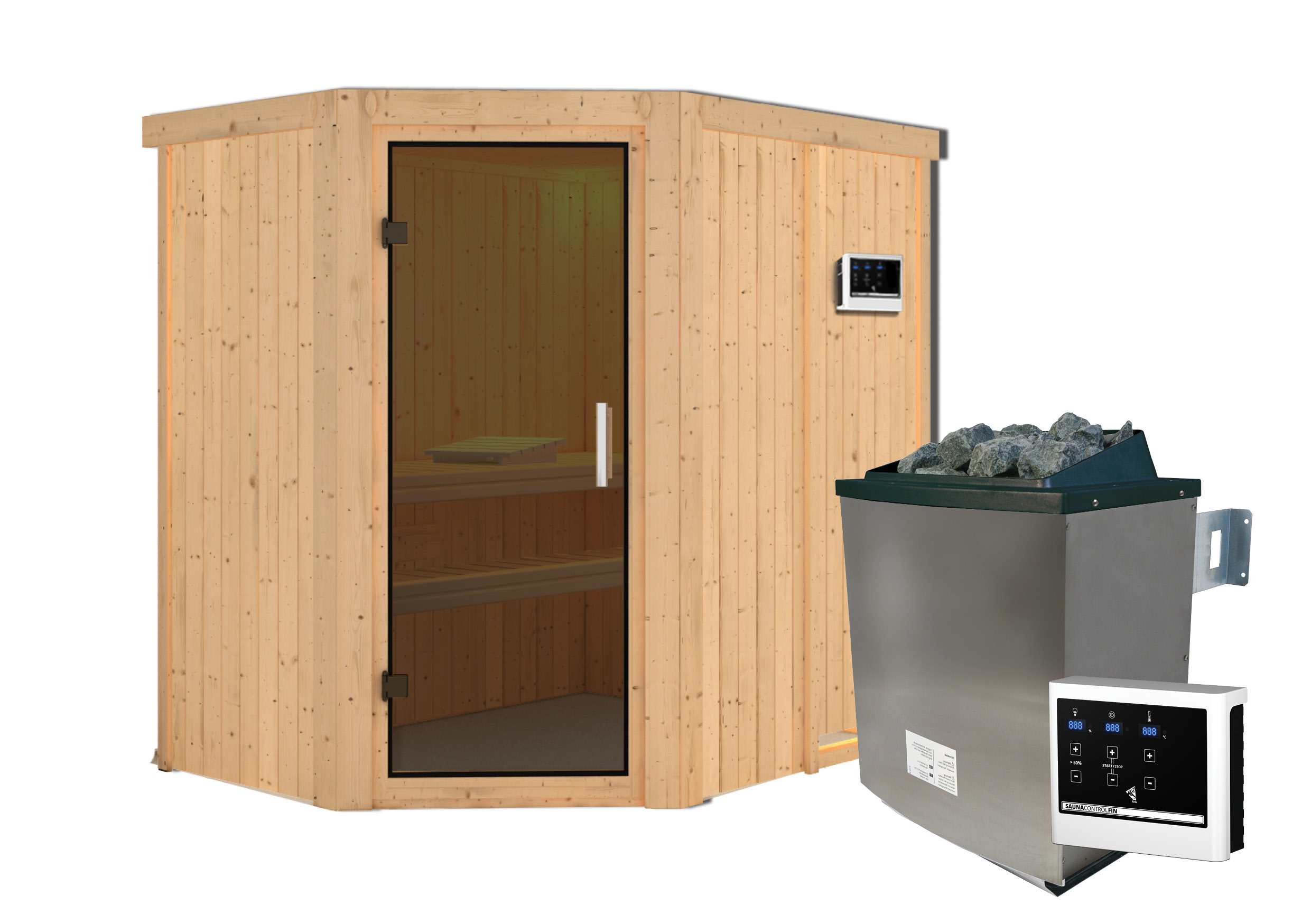 Innenansicht der Karibu Sauna Carin mit Liegen und Kopfstütze aus hellem Espenholz