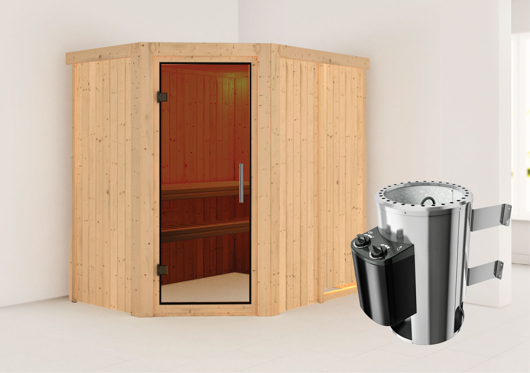Außenansicht der Karibu Sauna Saja aus nordischer Fichte mit Ganzglastür und Fronteinstieg