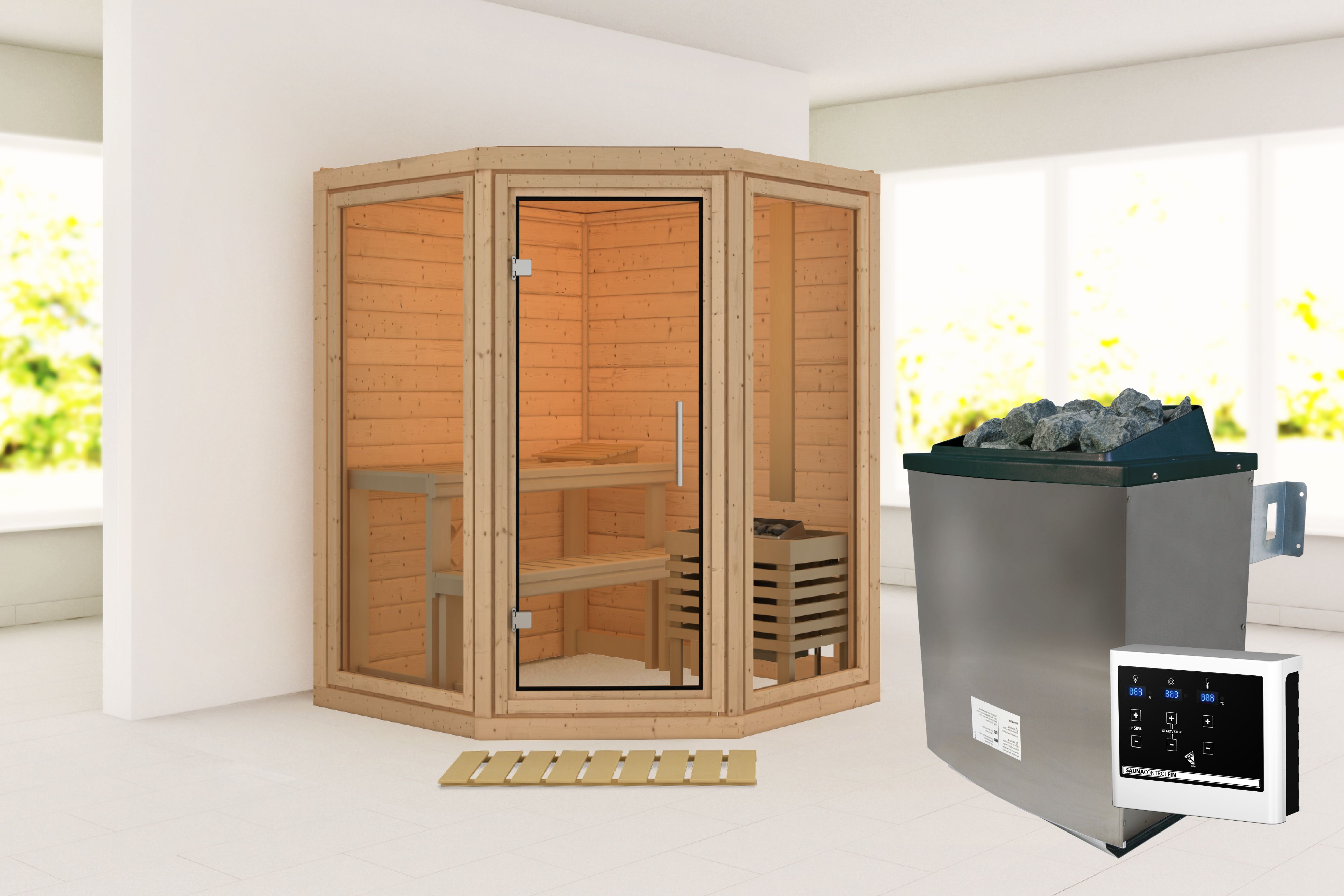 Außenansicht der Karibu Sauna Yuma aus nordischer Fichte mit Ganzglastür und Fronteinstieg
