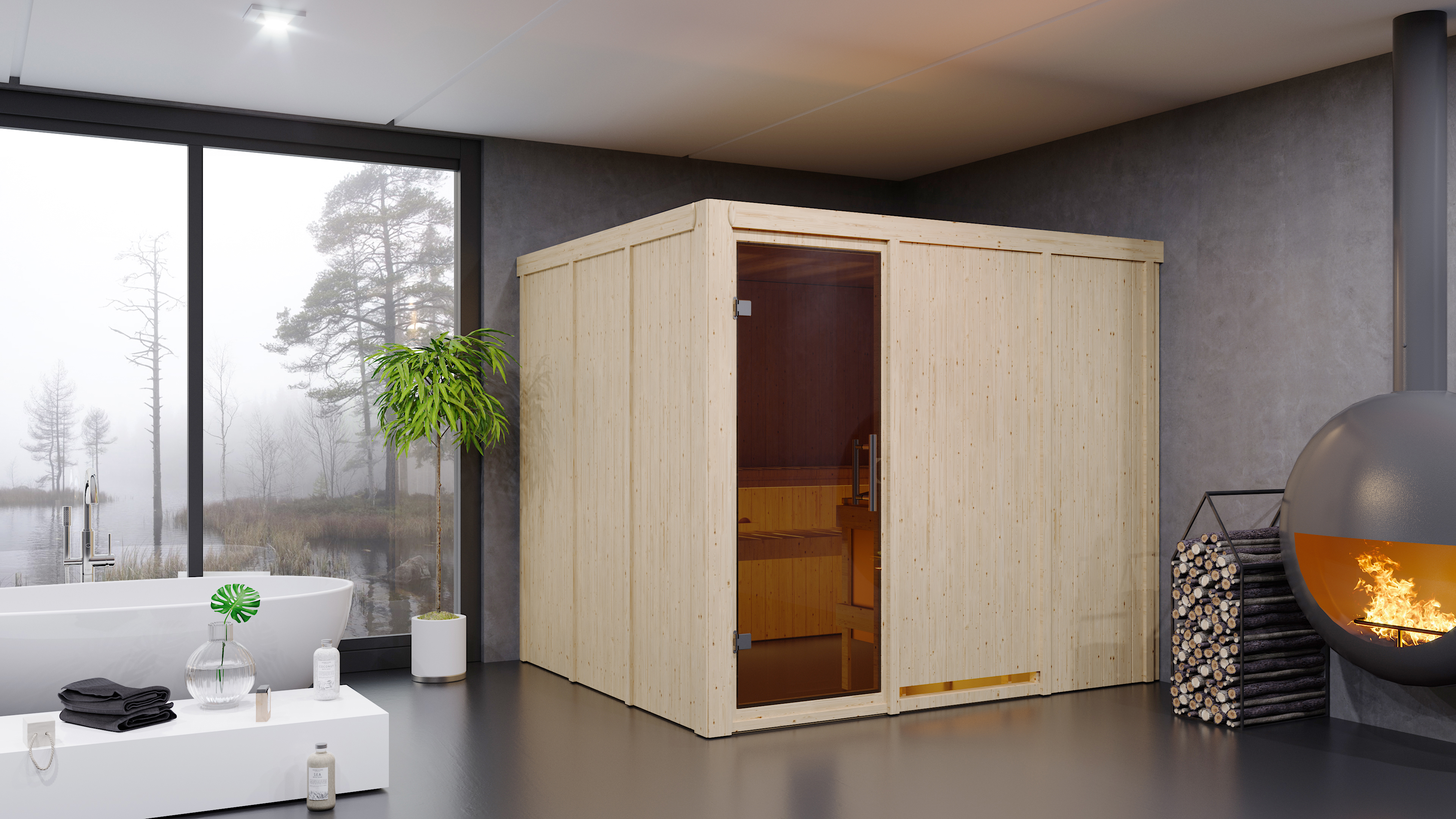 Karibu Sauna Gobin als stimmungsvoller Wellnessbereich in einem modern eingerichteten Wohnraum