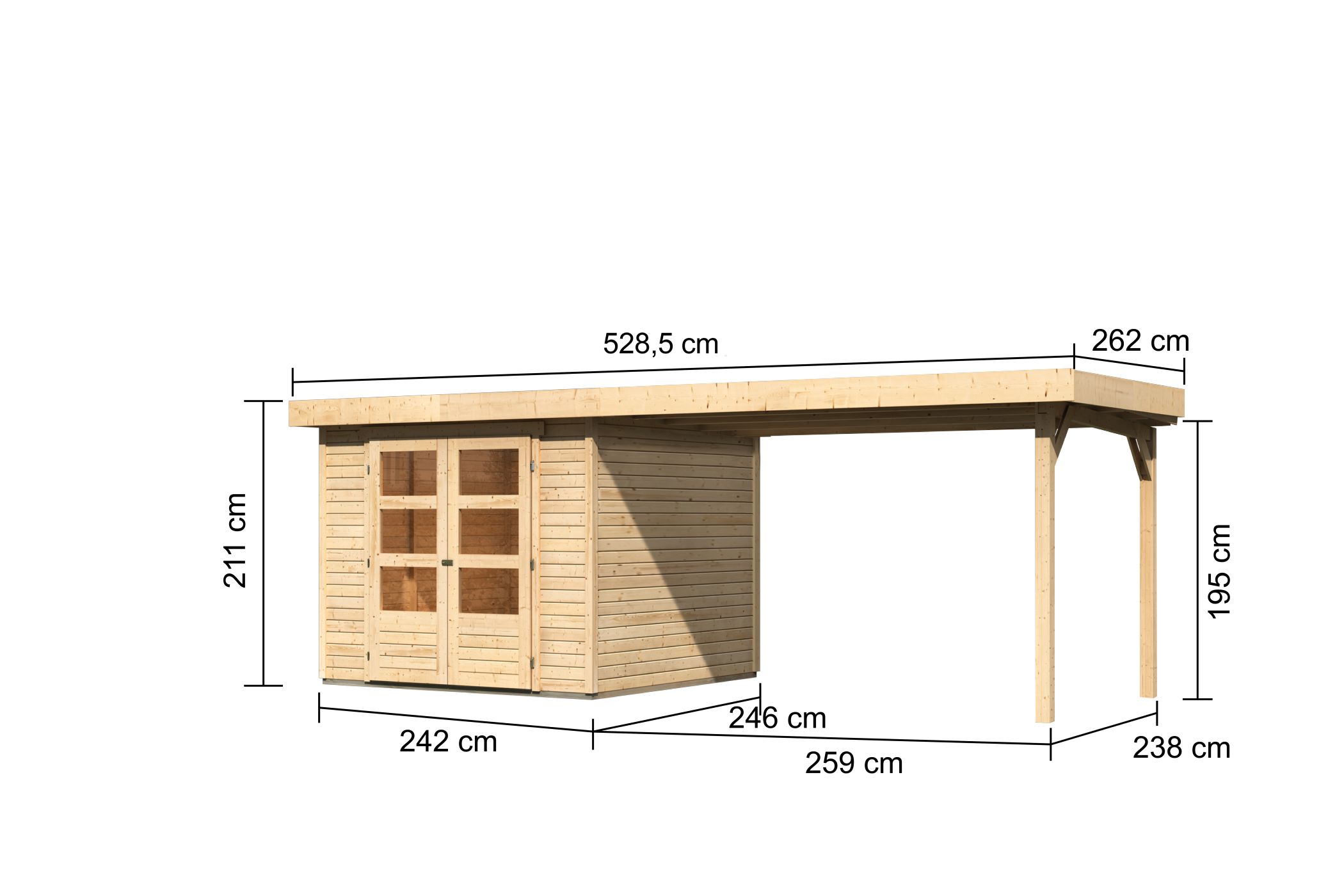 Bemaßte Maßzeichnung des Karibu Gerätehaus Askola 3,5 mit Anbaudach, 528 × 262 cm