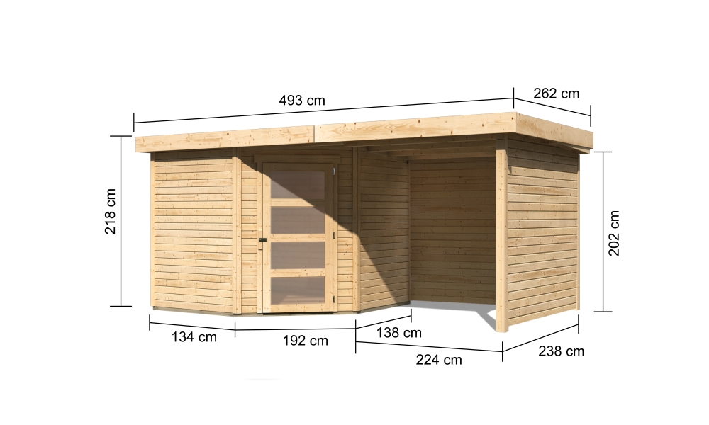 Bemaßte Maßzeichnung des Karibu Gerätehaus Schwandorf 5 mit Anbaudach, 493 × 262 cm