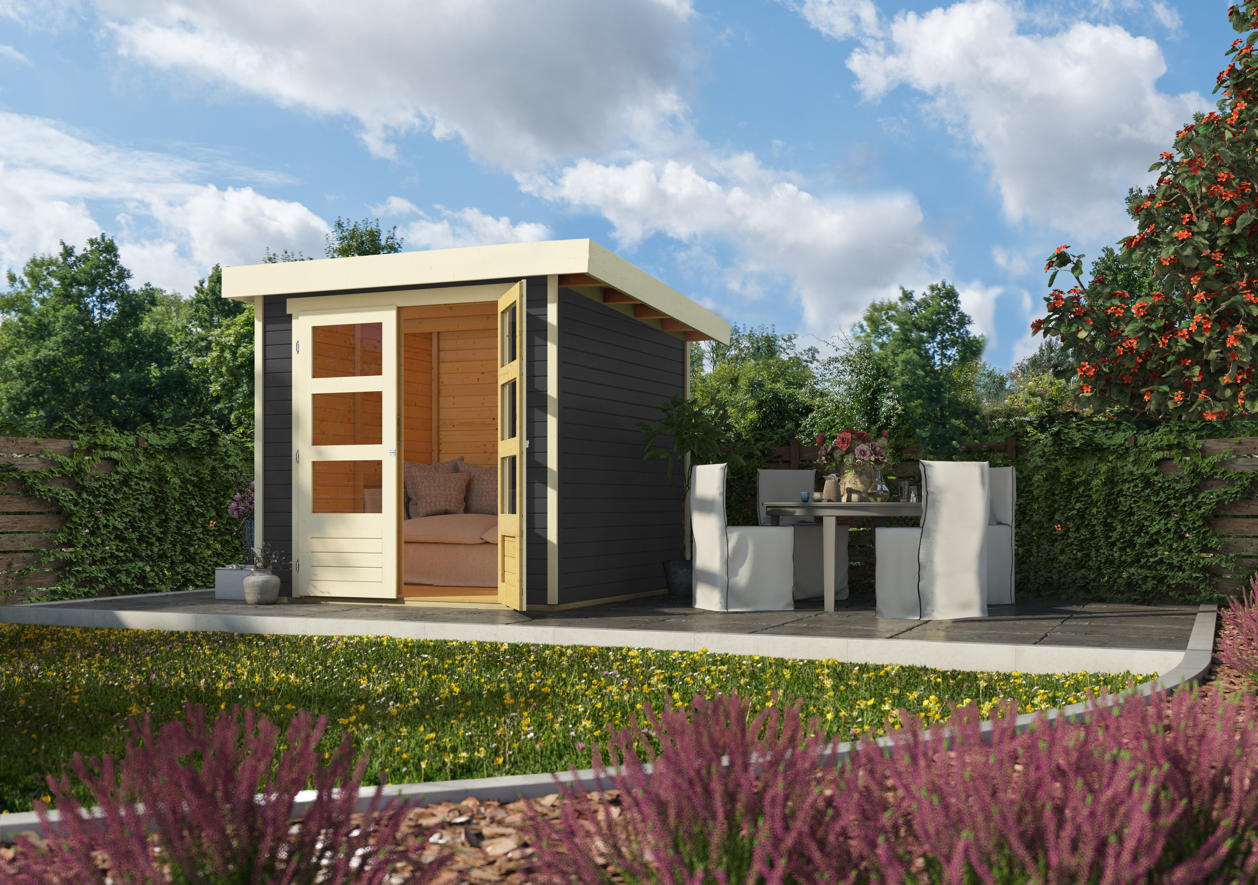 Karibu Gerätehaus Askola 2 in Terragrau im Garten