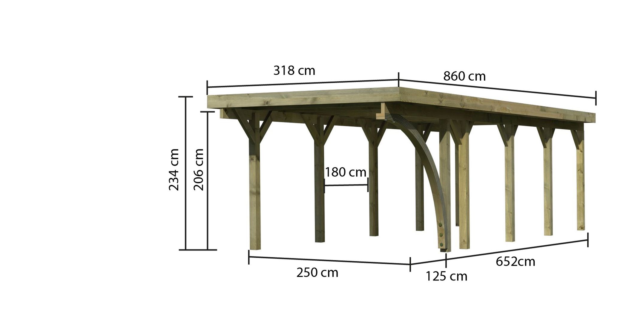 Maßzeichnung des Karibu Einzelcarport Classic 3 mit Dachmaß 318 × 860 cm und Durchfahrtshöhe 206 cm