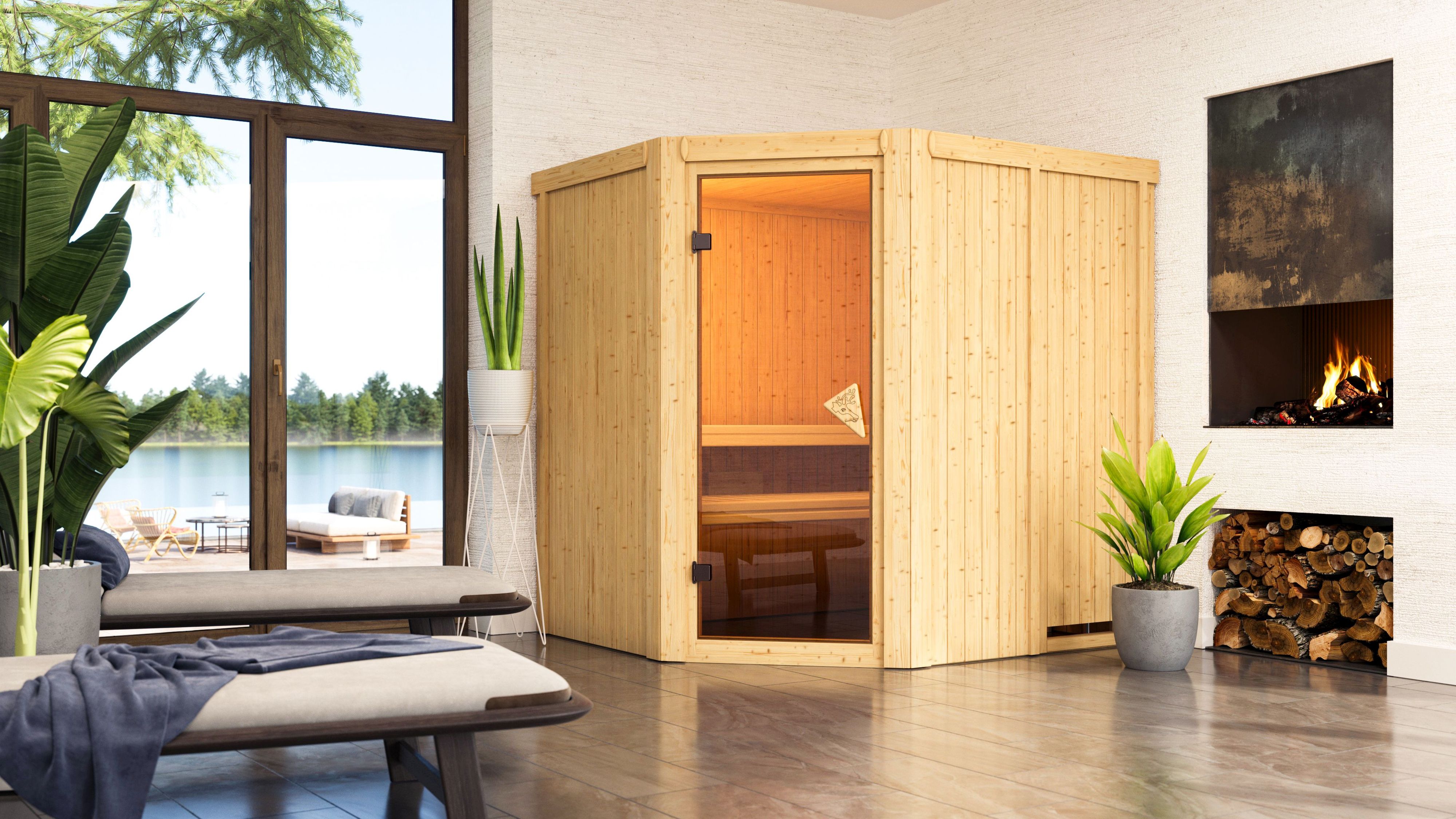 Karibu Sauna Siirin als hochwertige Sauna aus nordischer Fichte im Wohnraum-Ambiente