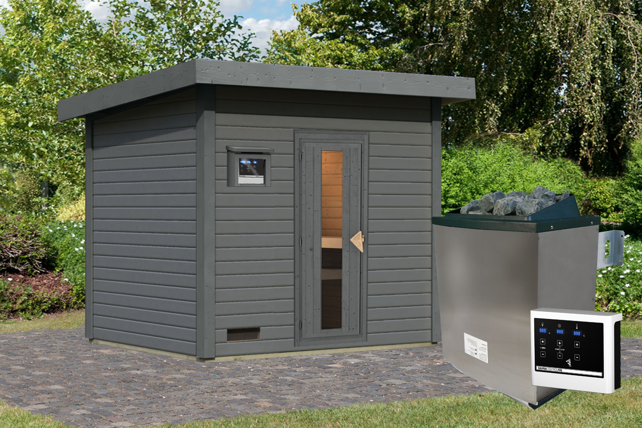 Karibu Saunahaus Hytti 3 als Gartensauna aus Massivholz im Garten mit Glasfront
