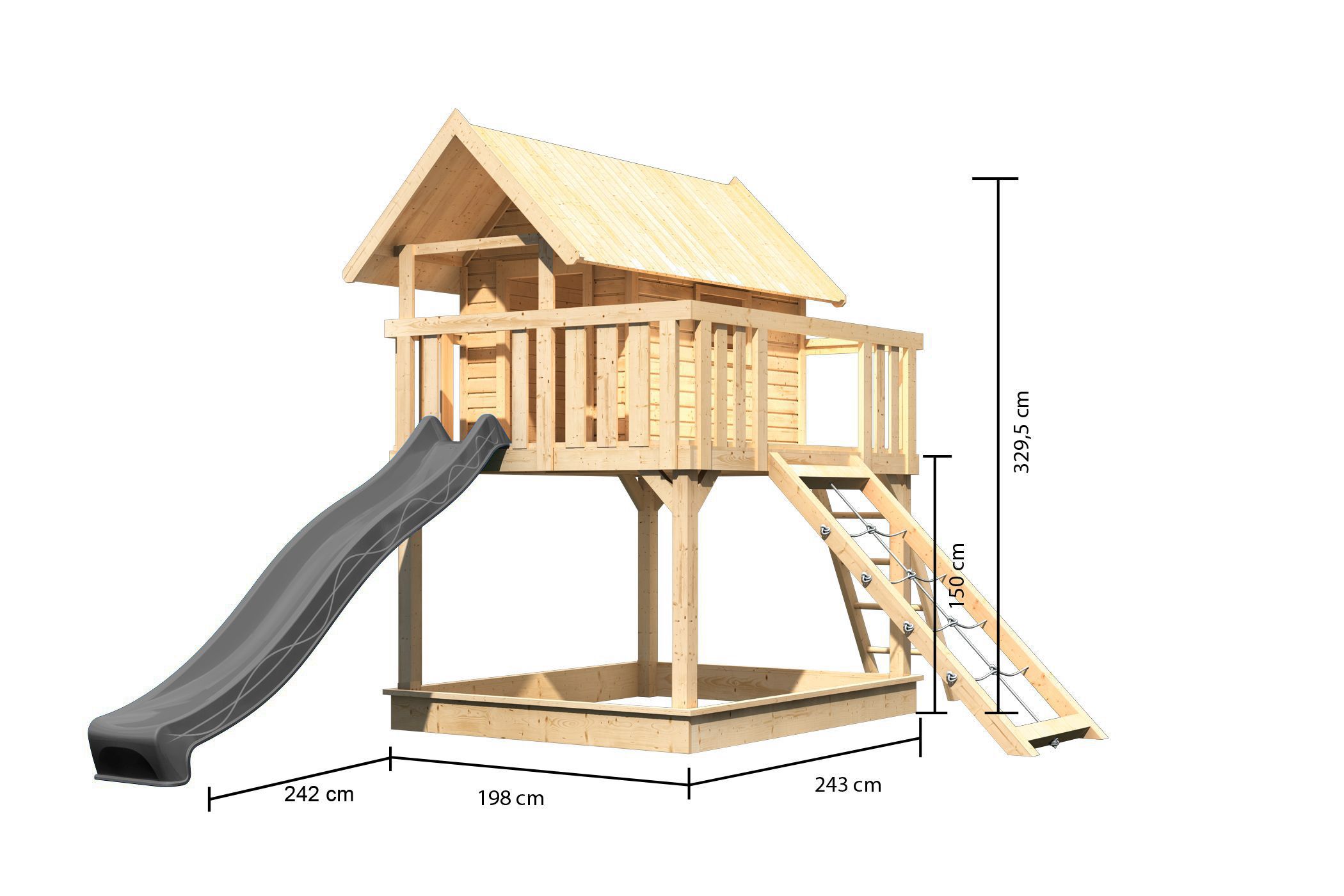 Maßzeichnung eines Karibu Spielgeräts aus Holz mit Bemaßung von Grundfläche und Höhe