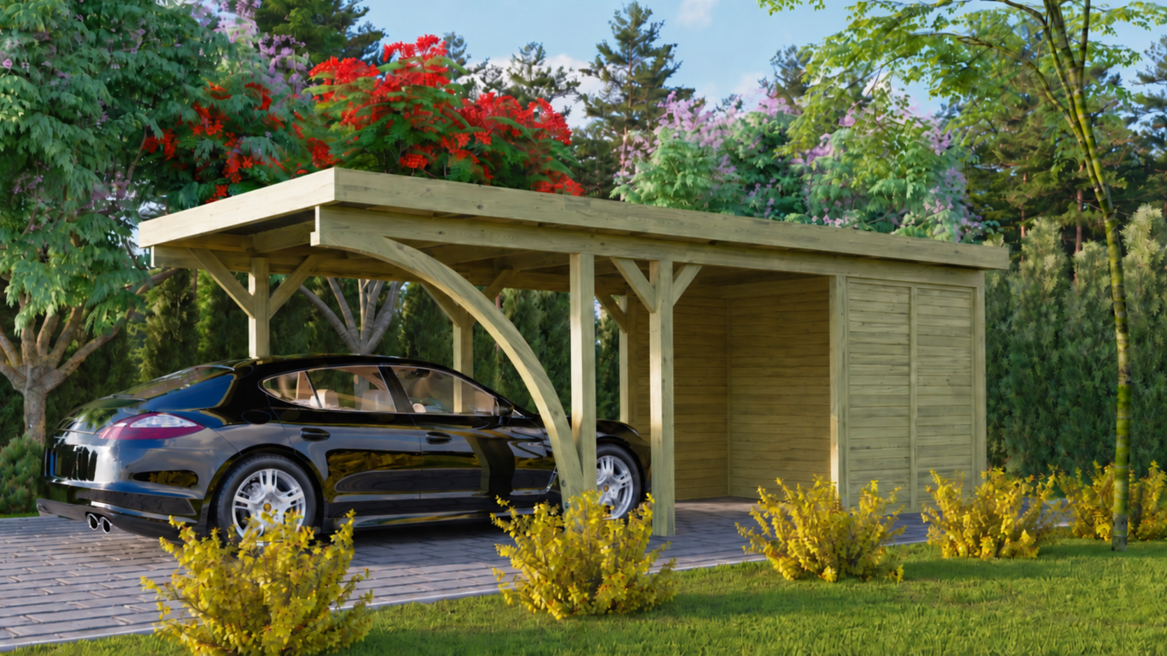 Einzelcarport Classic 2 mit PVC Dach einem Einfahrtsbogen und Wandelementen / Lagerabverkauf