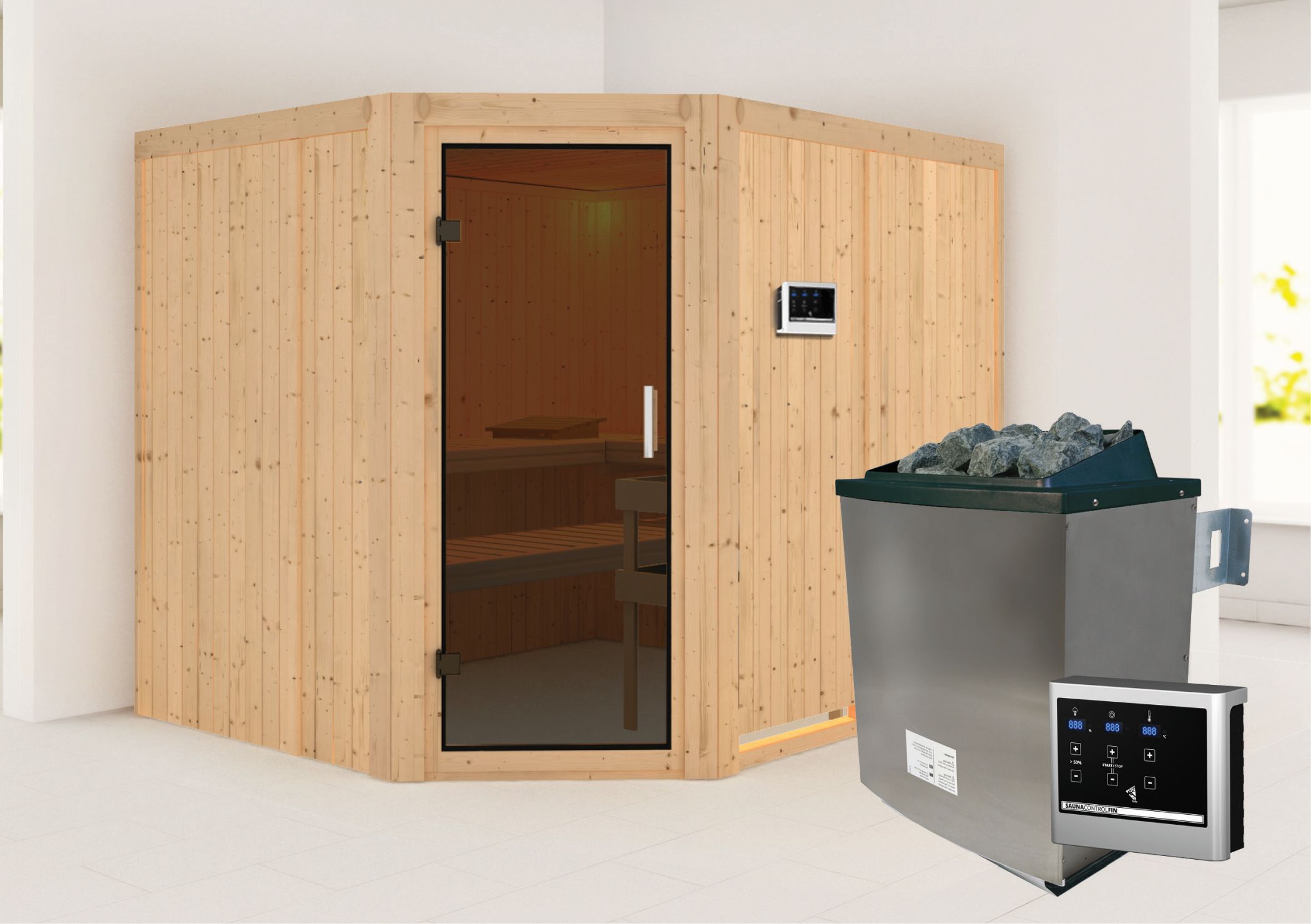 Außenansicht der Karibu Sauna Malin aus nordischer Fichte mit graphitfarbener Ganzglastür und Fronteinstieg