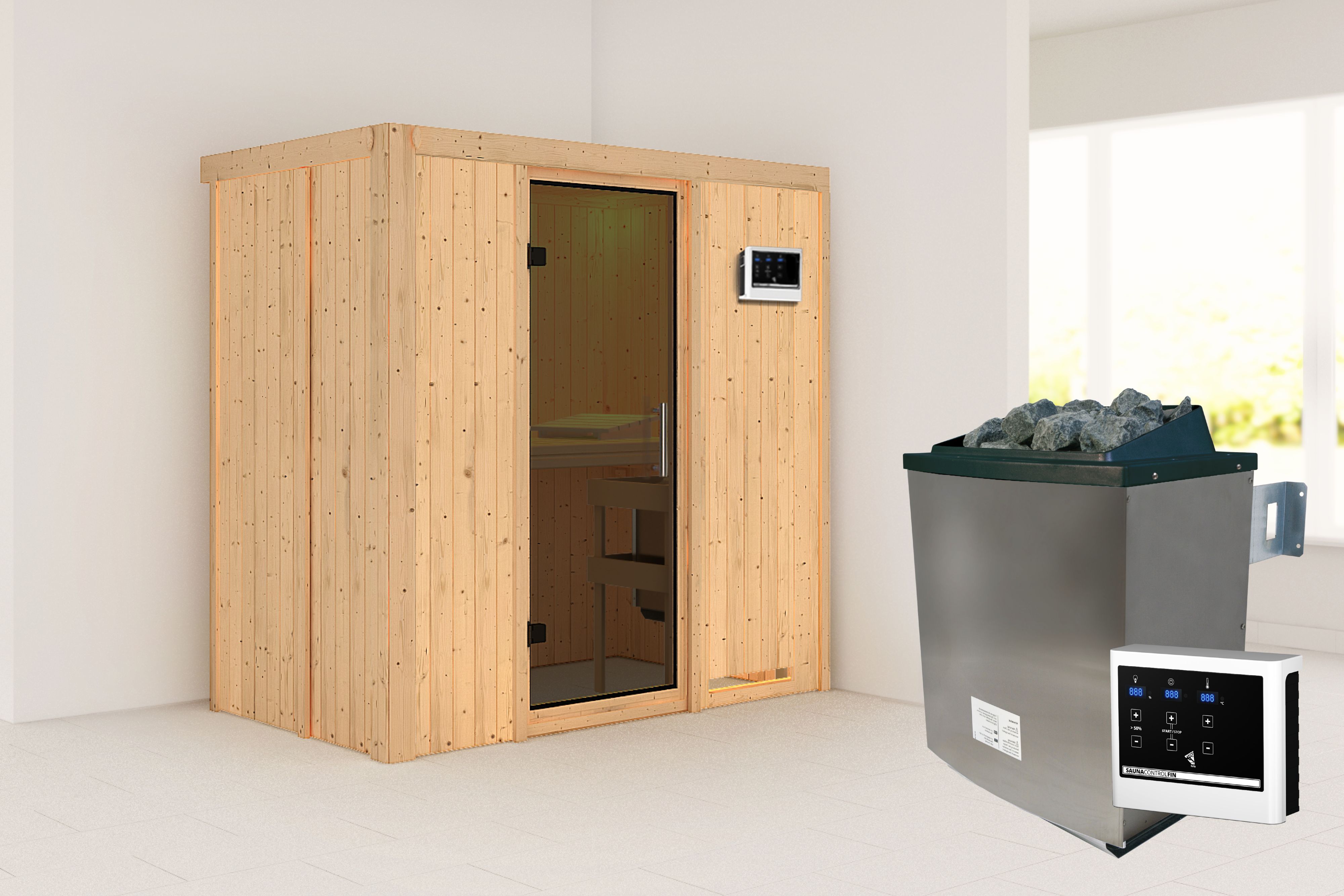 Außenansicht der Karibu Sauna Variado aus nordischer Fichte mit graphitfarbener Ganzglastür und Fronteinstieg