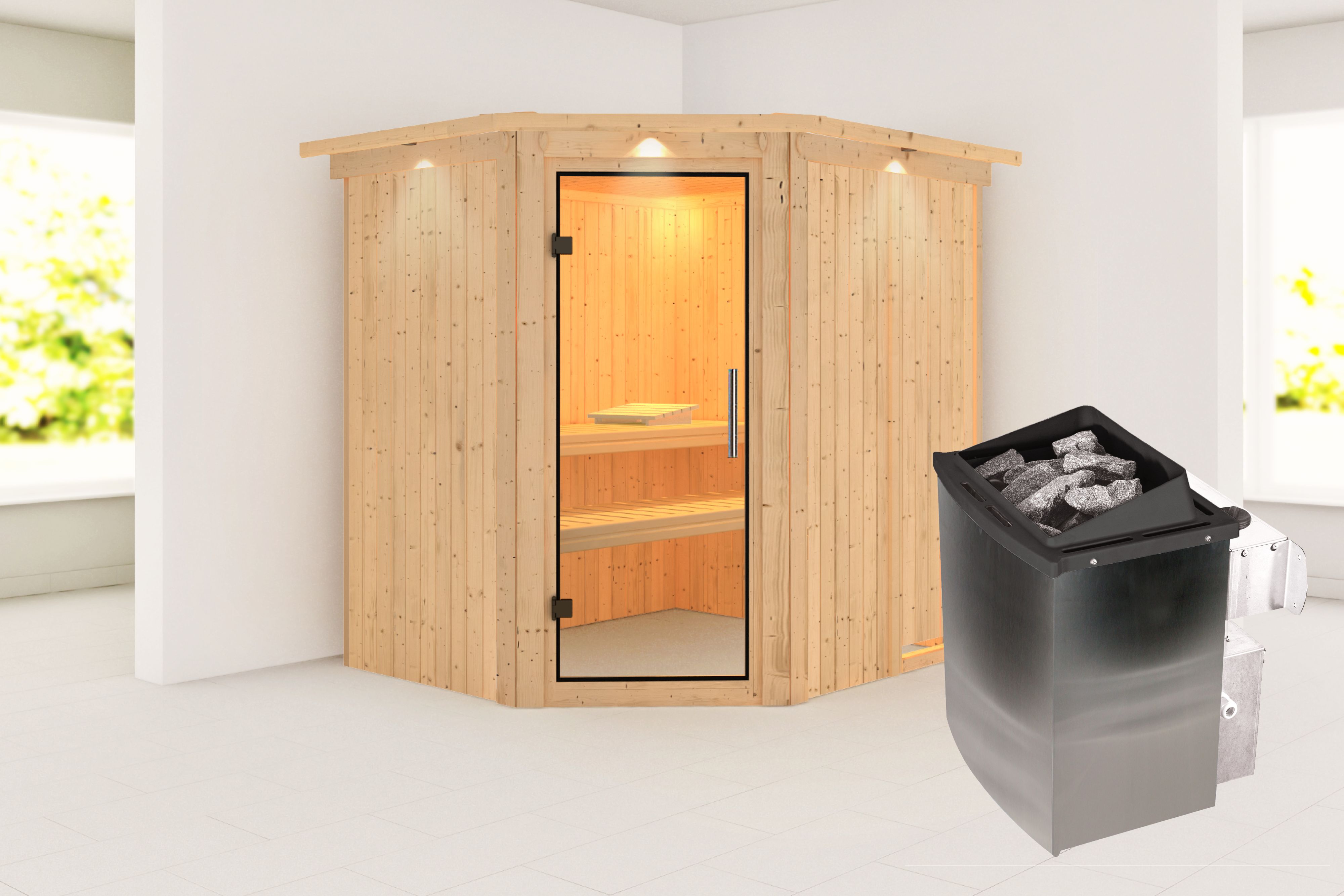 Außenansicht der Karibu Sauna Siirin aus nordischer Fichte mit Klarglas-Ganzglastür und Fronteinstieg