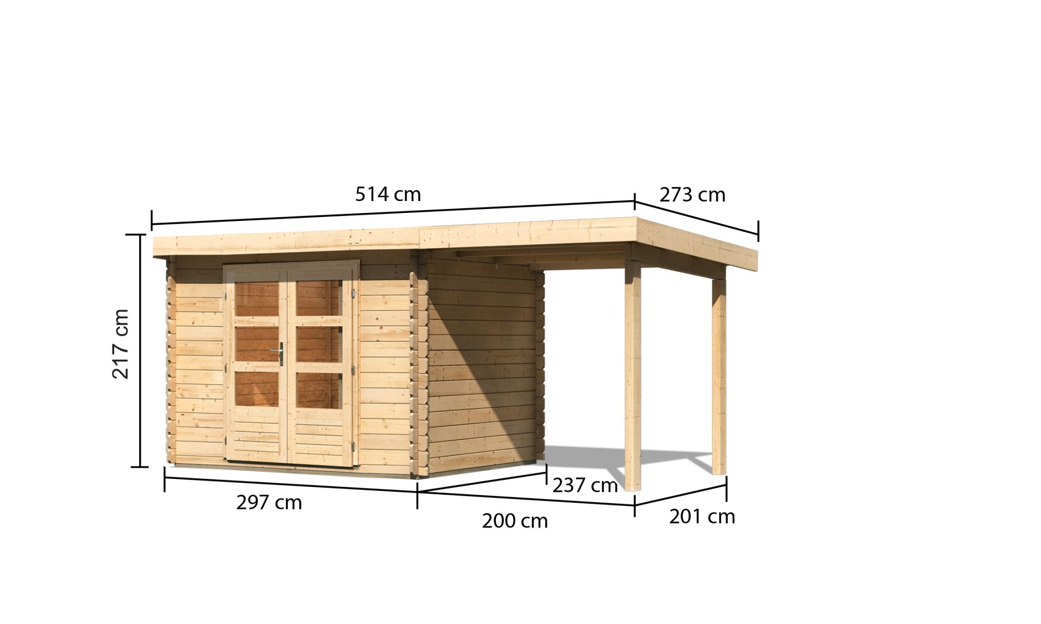Bemaßte Maßzeichnung des Karibu Gartenhaus Bastrup 3 mit Anbaudach, 514 × 273 cm