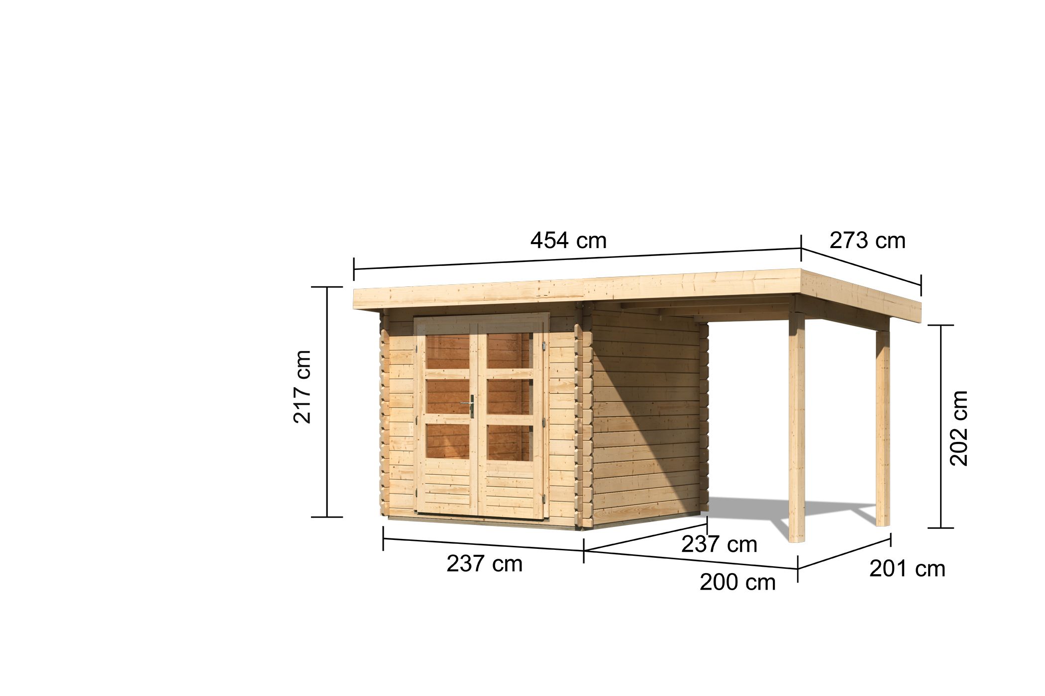 Bemaßte Maßzeichnung des Karibu Gerätehaus Bastrup 2 mit Anbaudach, 454 × 273 cm