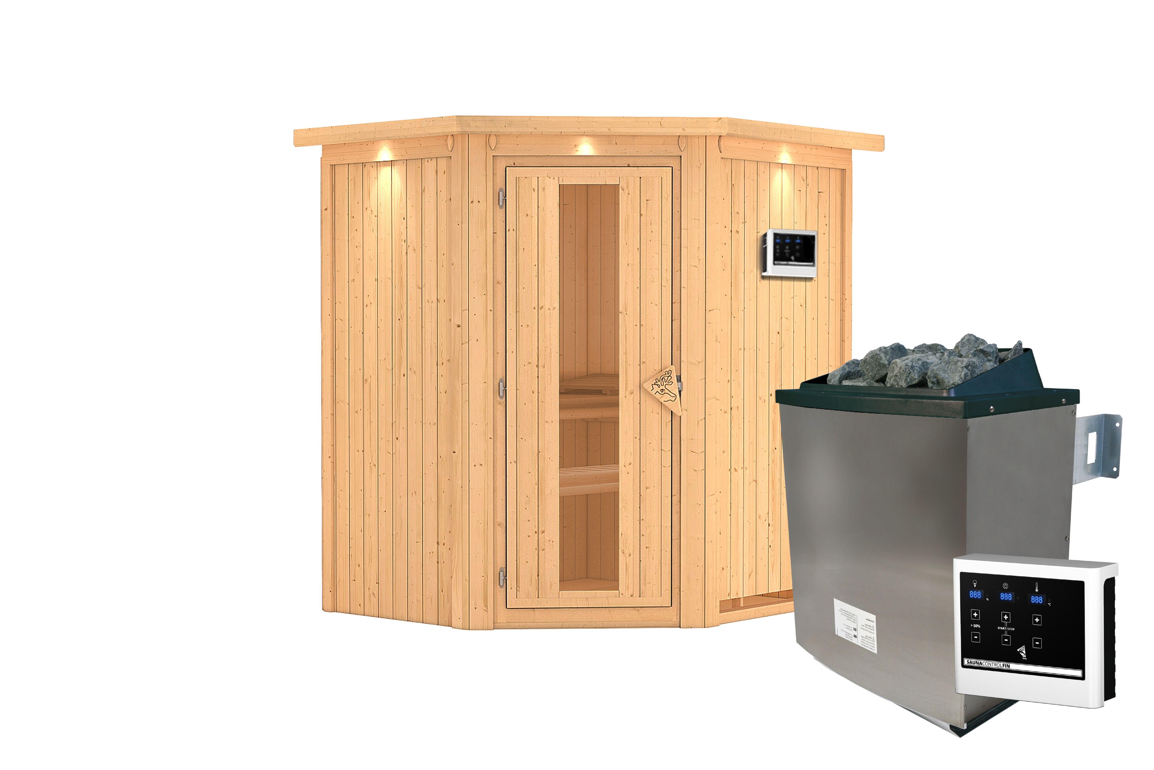 Innenansicht der Karibu Sauna Taurin mit Liegen und Kopfstütze aus hellem Espenholz