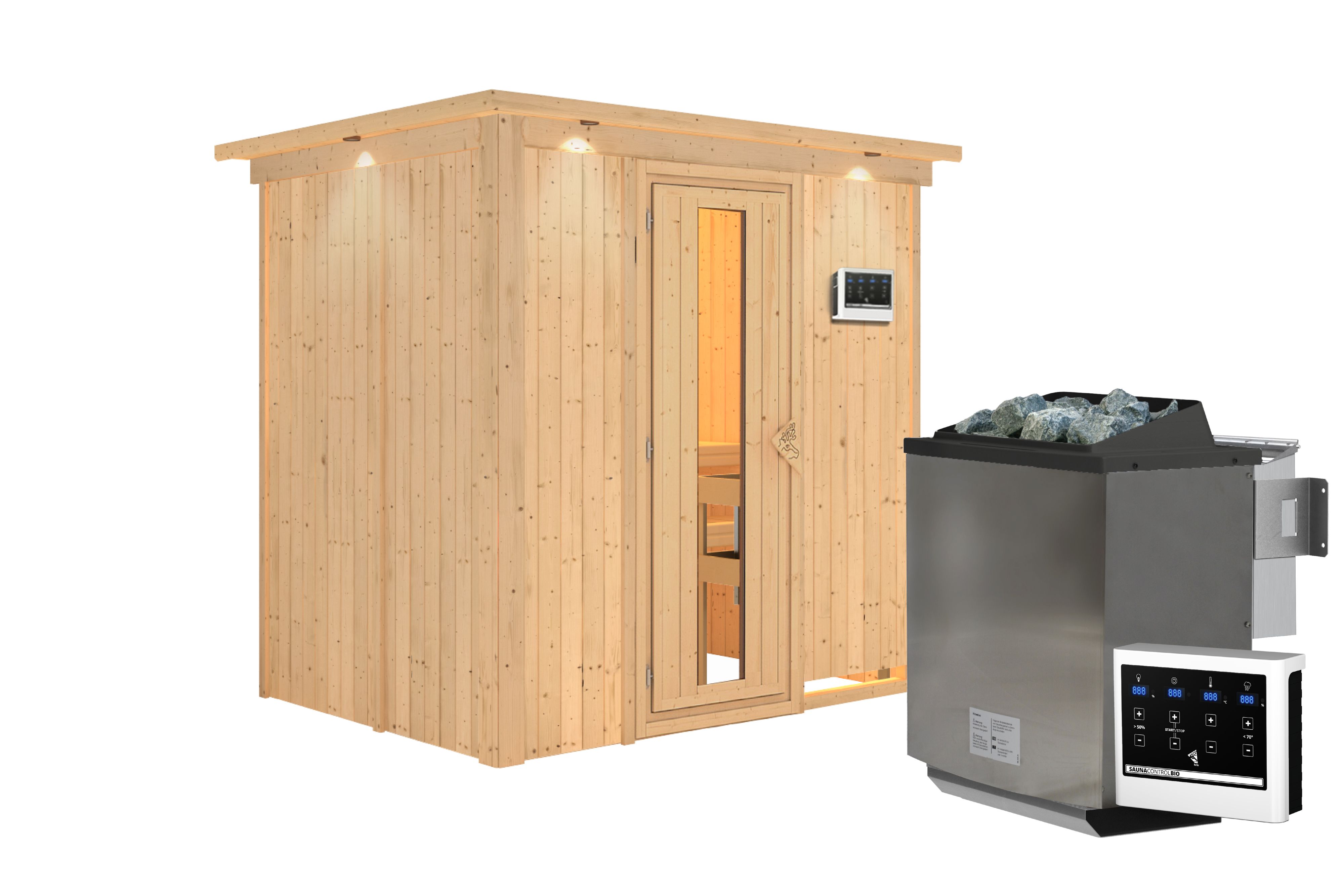 Innenansicht der Karibu Sauna Bodin mit Liegen und Kopfstütze aus hellem Espenholz