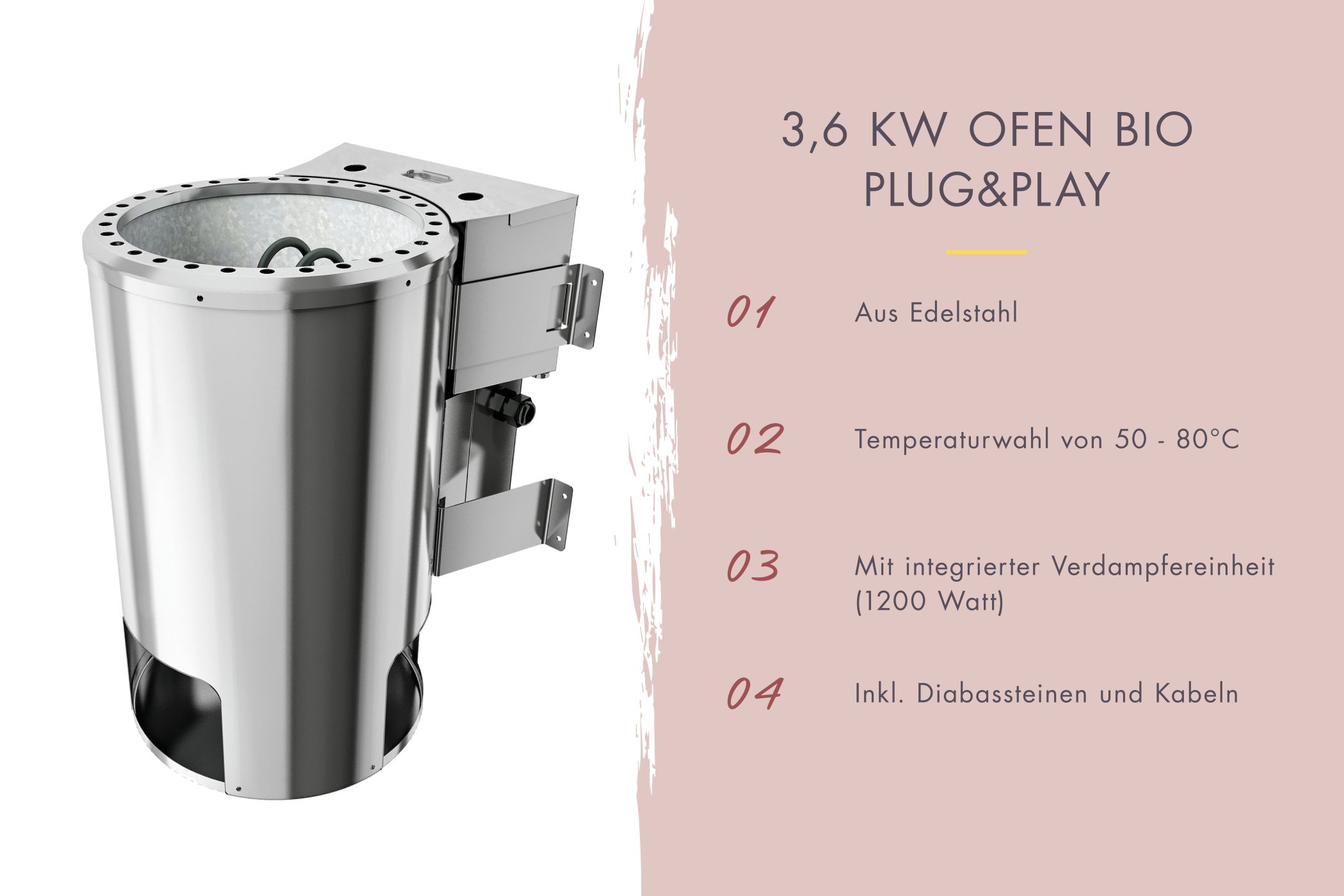 Finnischer Saunaofen mit 9 kW und Edelstahlmantel inklusive Diabas-Saunasteinen für Karibu Saunen