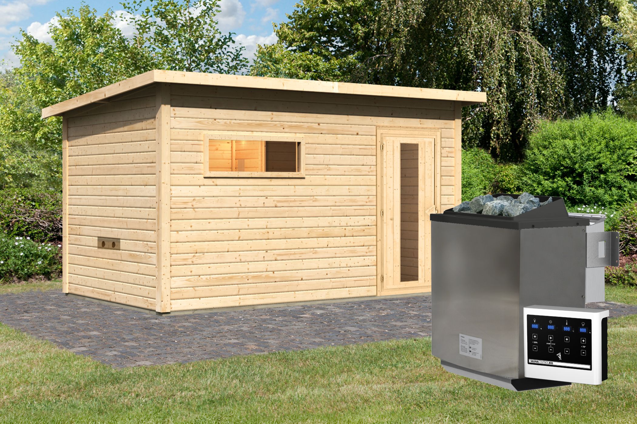 Karibu Saunahaus Hytti 6 als Gartensauna aus Massivholz im Garten mit Glasfront