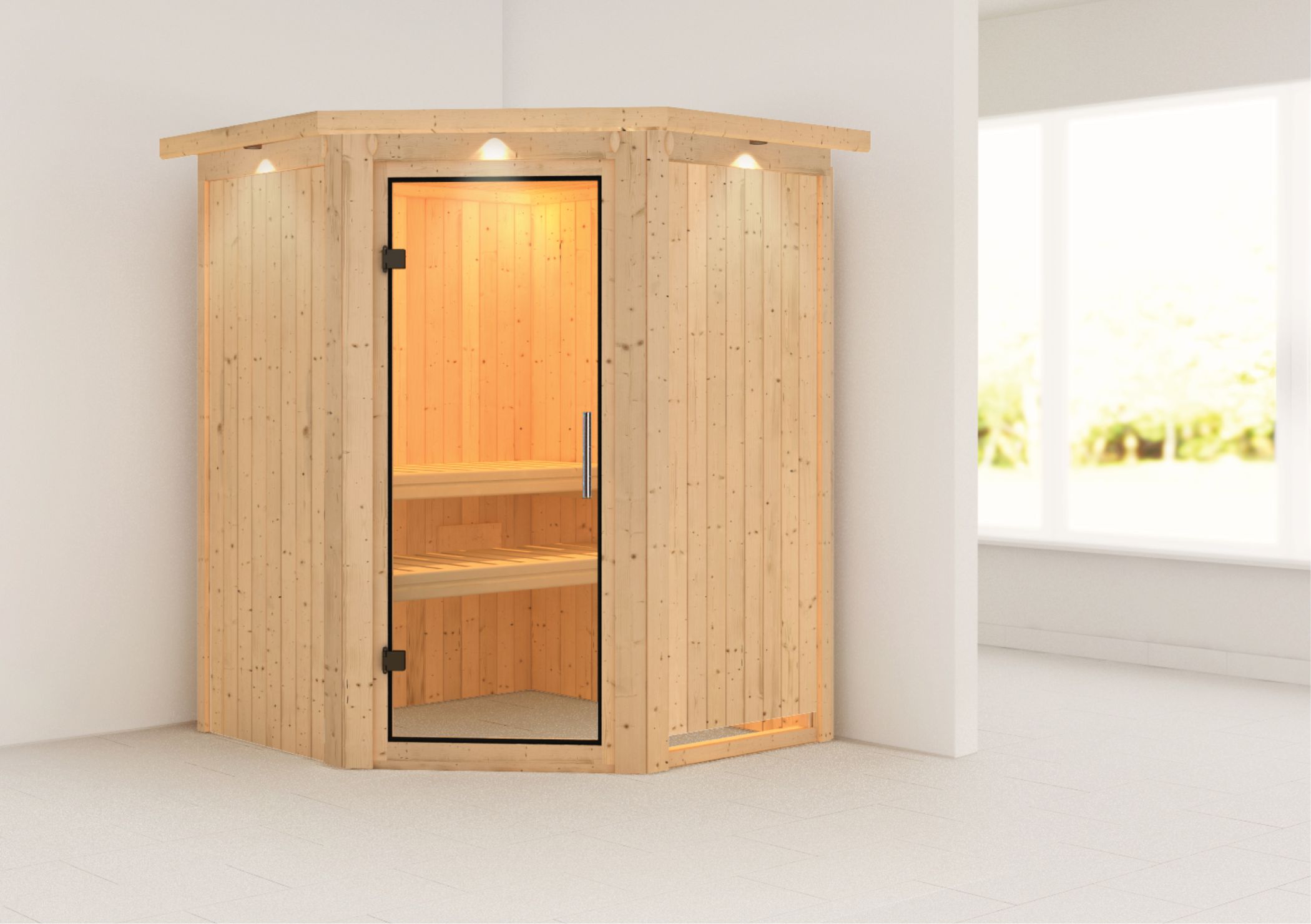 Außenansicht der Karibu Sauna Nanja aus nordischer Fichte mit Klarglas-Ganzglastür und Fronteinstieg