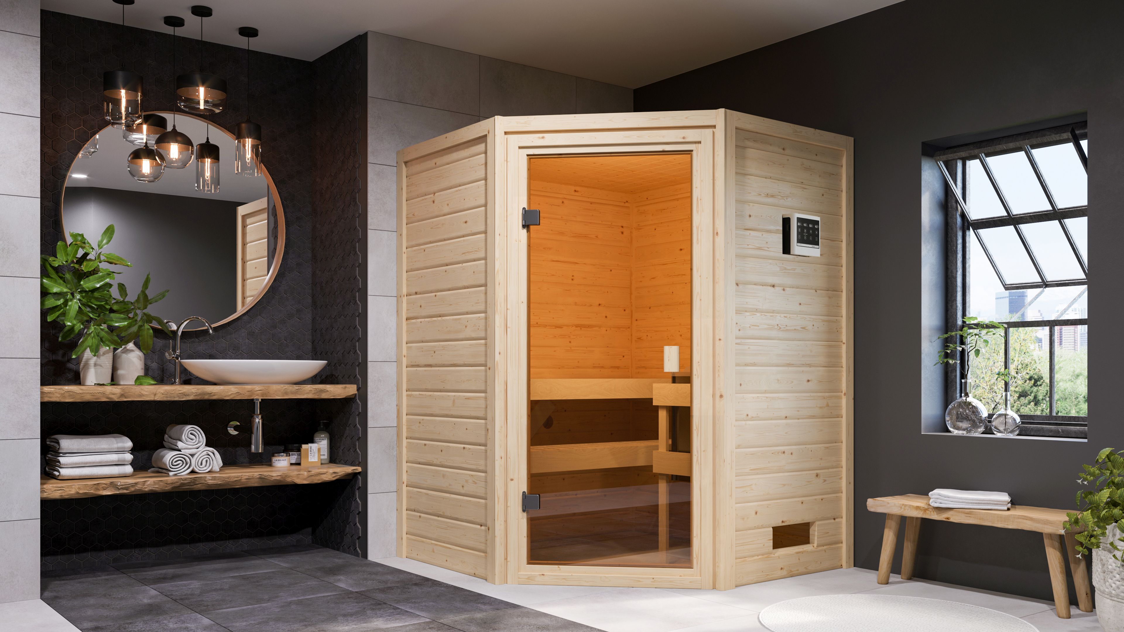 Karibu Sauna Antonia als hochwertige Sauna aus nordischer Fichte im Wohnraum-Ambiente