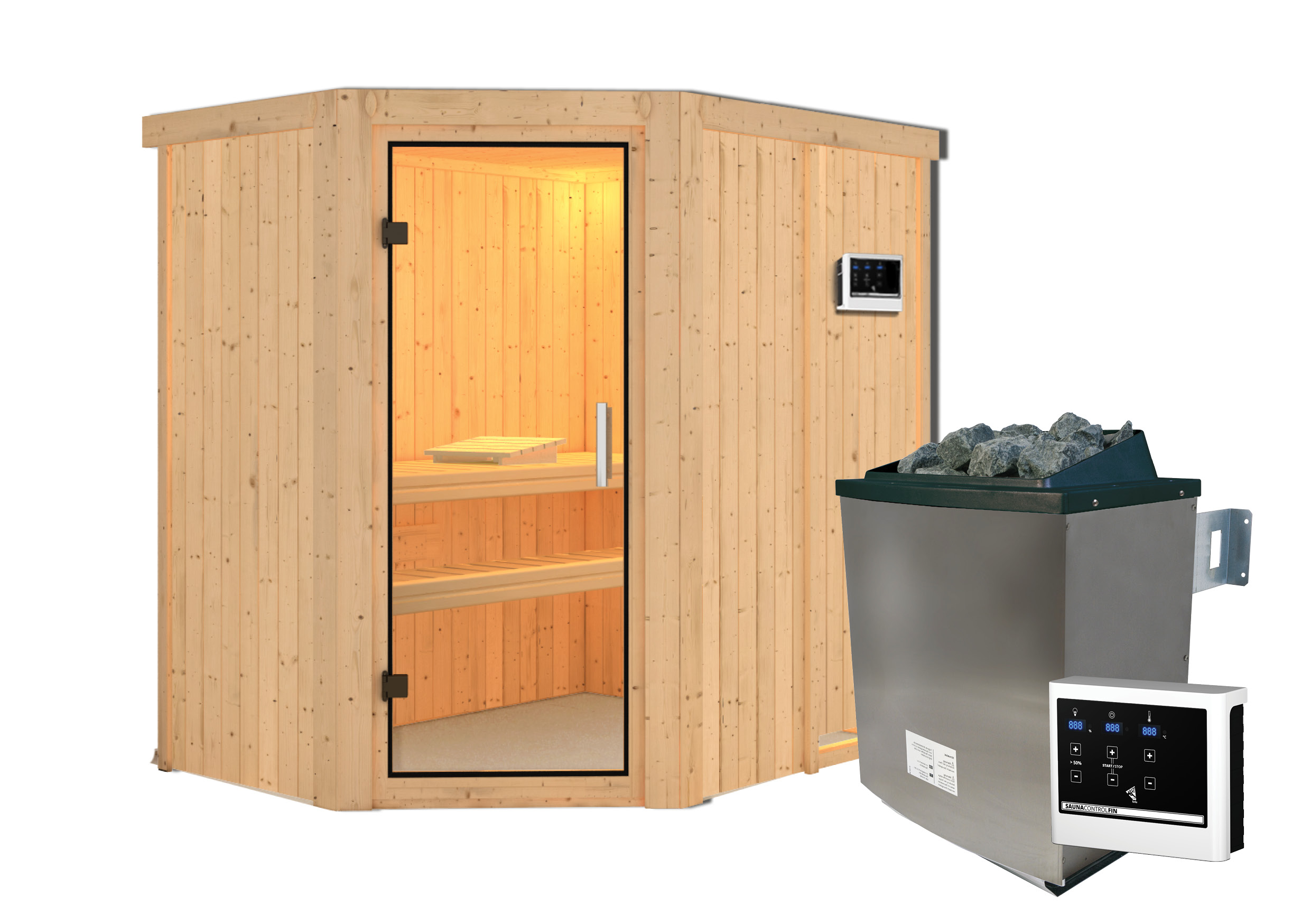 Innenansicht der Karibu Sauna Carin mit Liegen und Kopfstütze aus hellem Espenholz