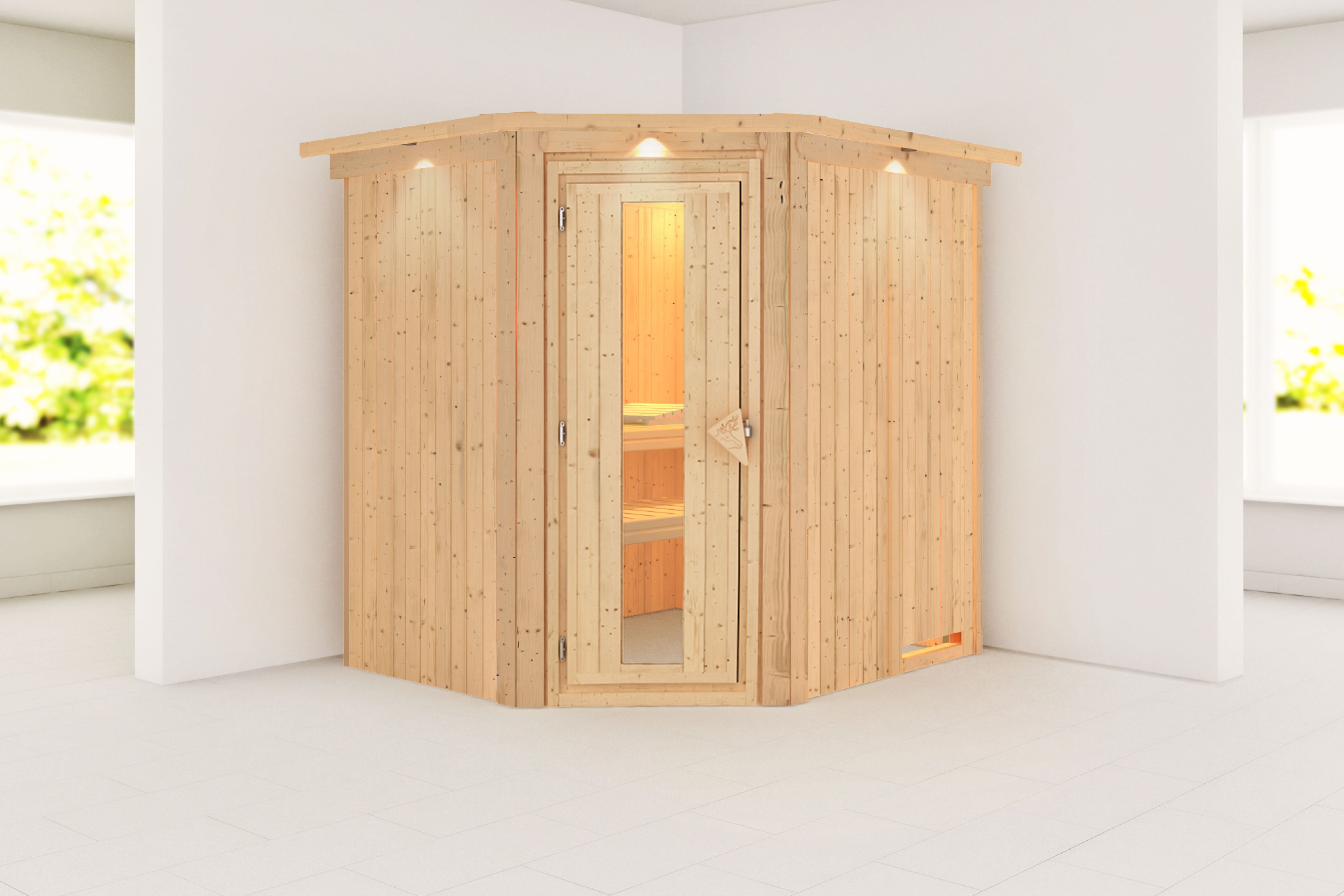Außenansicht der Karibu Sauna Siirin aus nordischer Fichte mit isolierter Holztür und Fronteinstieg