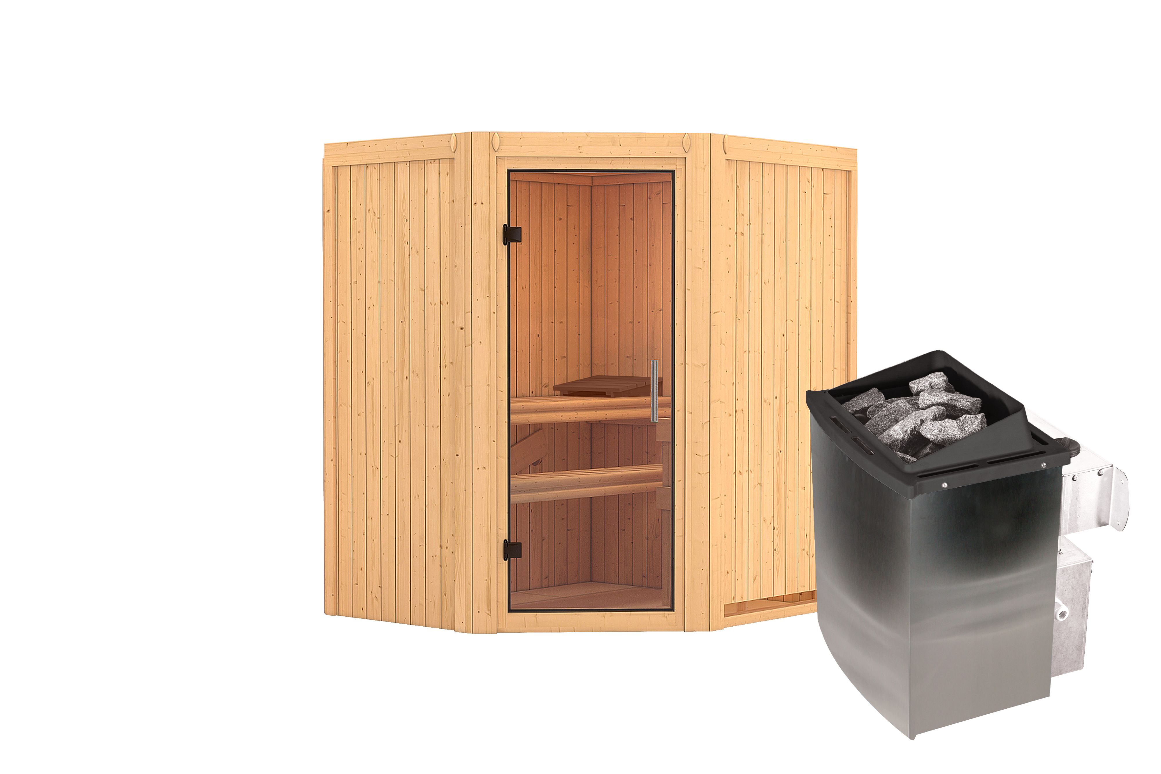 Innenansicht der Karibu Sauna Taurin mit Liegen und Kopfstütze aus hellem Espenholz