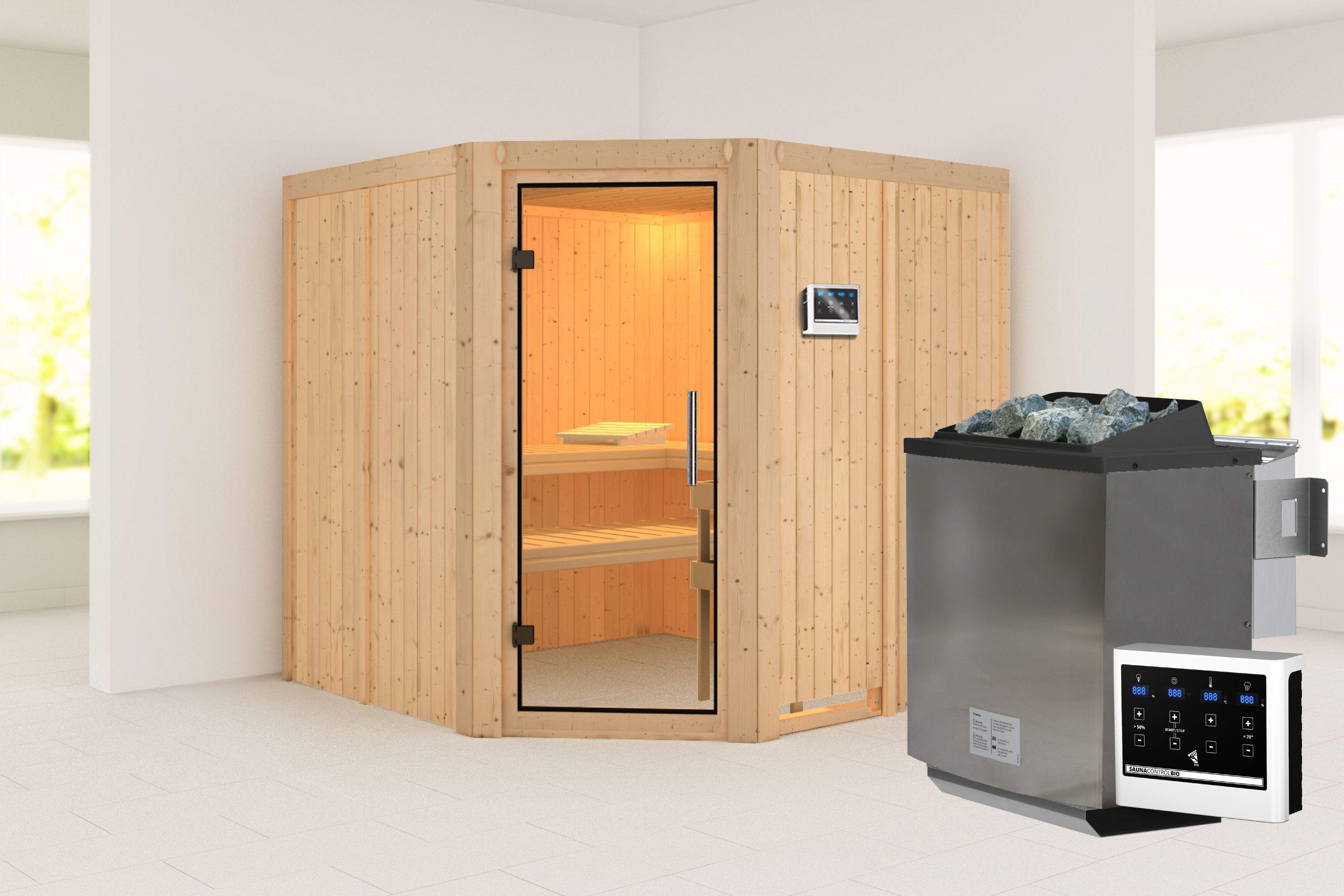 Außenansicht der Karibu Sauna Jarin aus nordischer Fichte mit Klarglas-Ganzglastür und Fronteinstieg