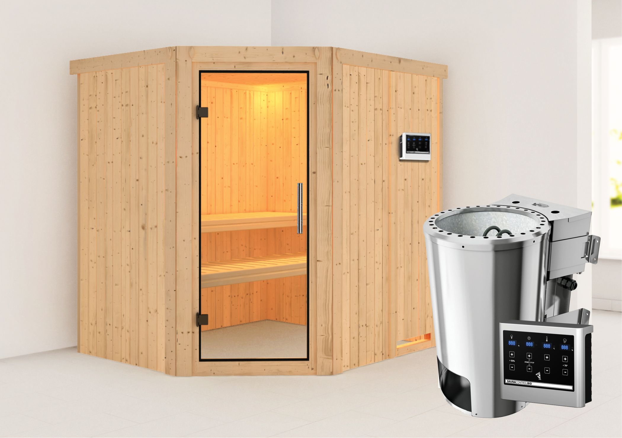 Außenansicht der Karibu Sauna Lilja aus nordischer Fichte mit Klarglas-Ganzglastür und Fronteinstieg