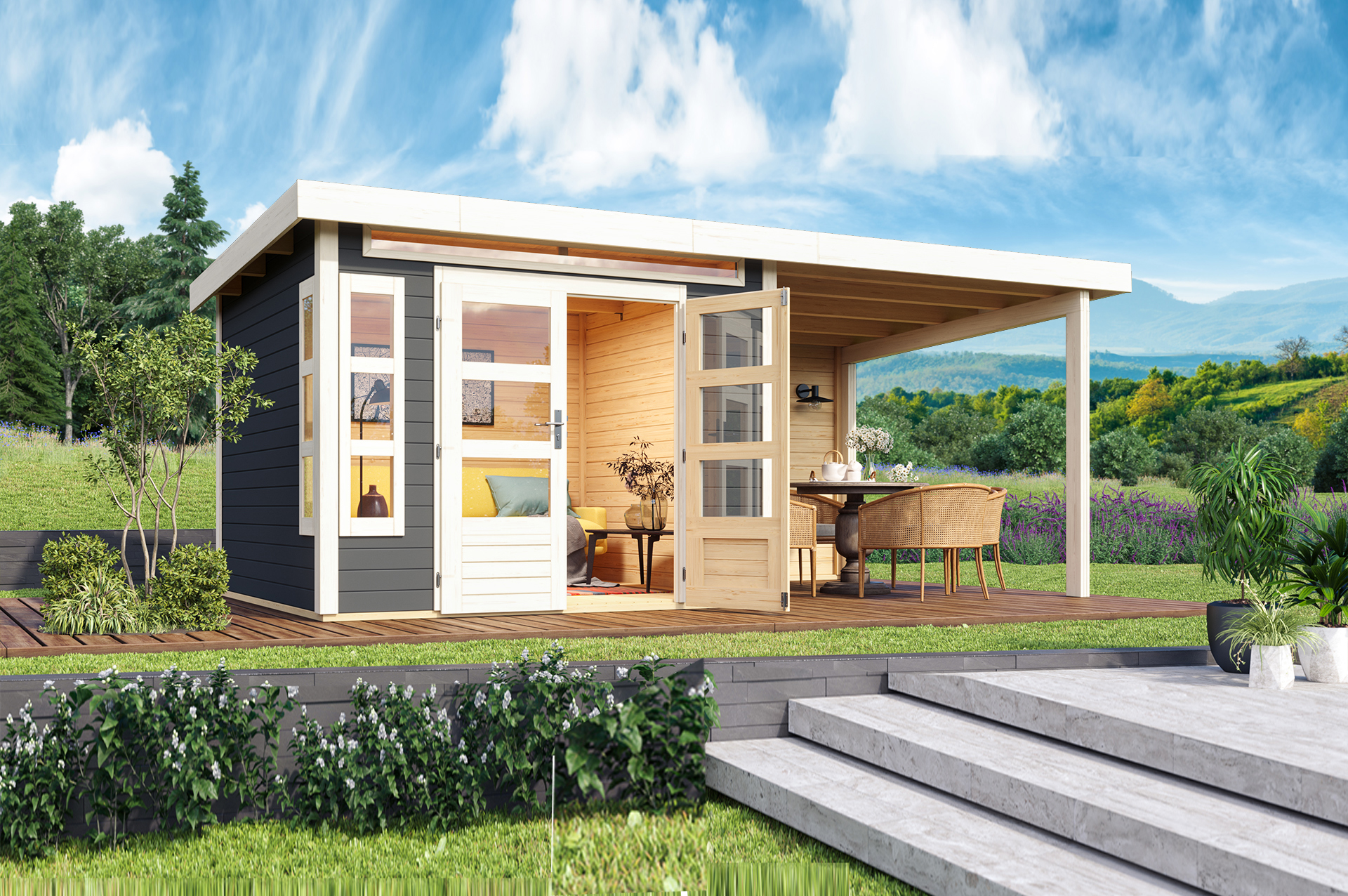 Karibu Gartenhaus Trelleborg F mit Anbaudach im Garten