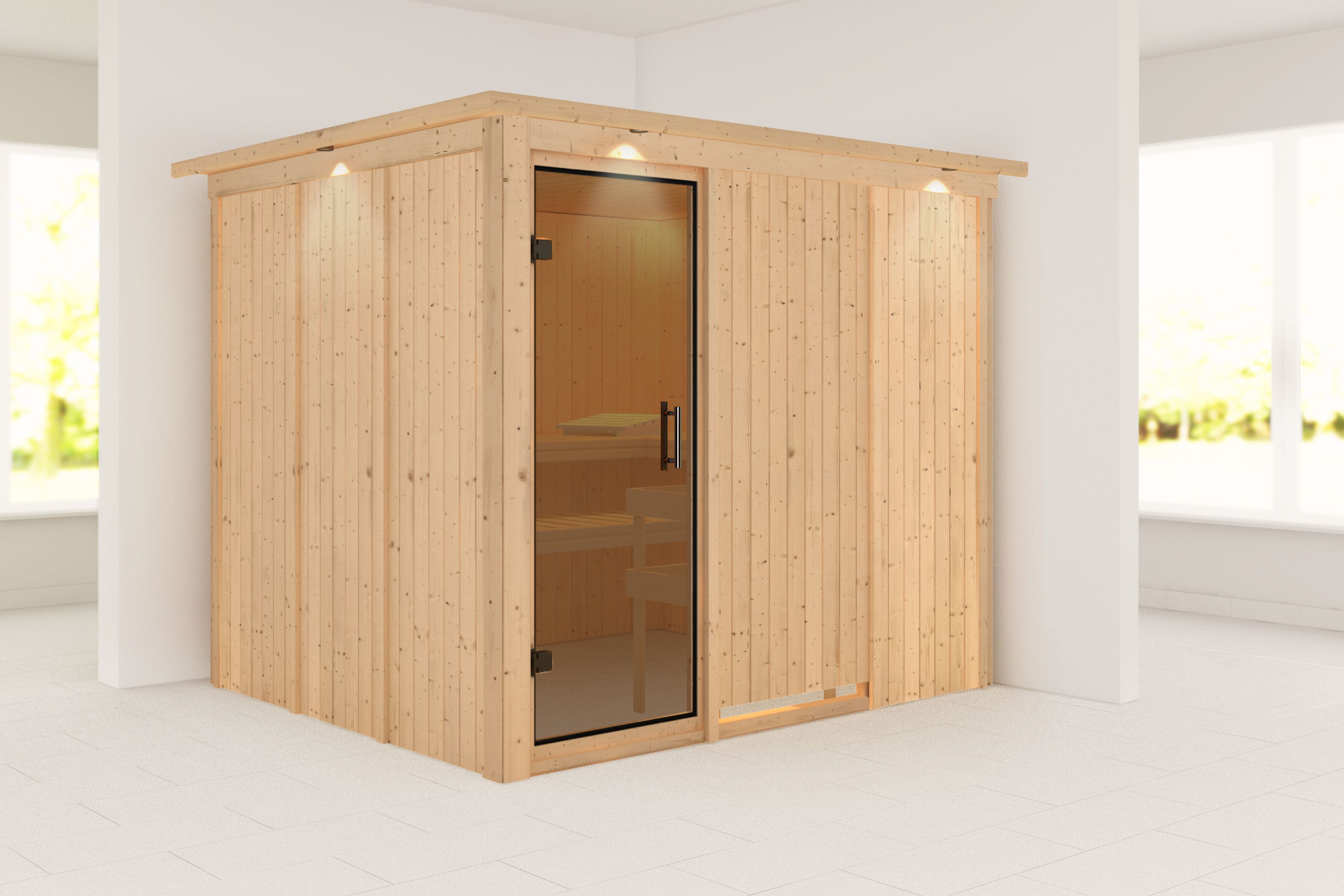 Außenansicht der Karibu Sauna Gobin aus nordischer Fichte mit graphitfarbener Ganzglastür und Fronteinstieg