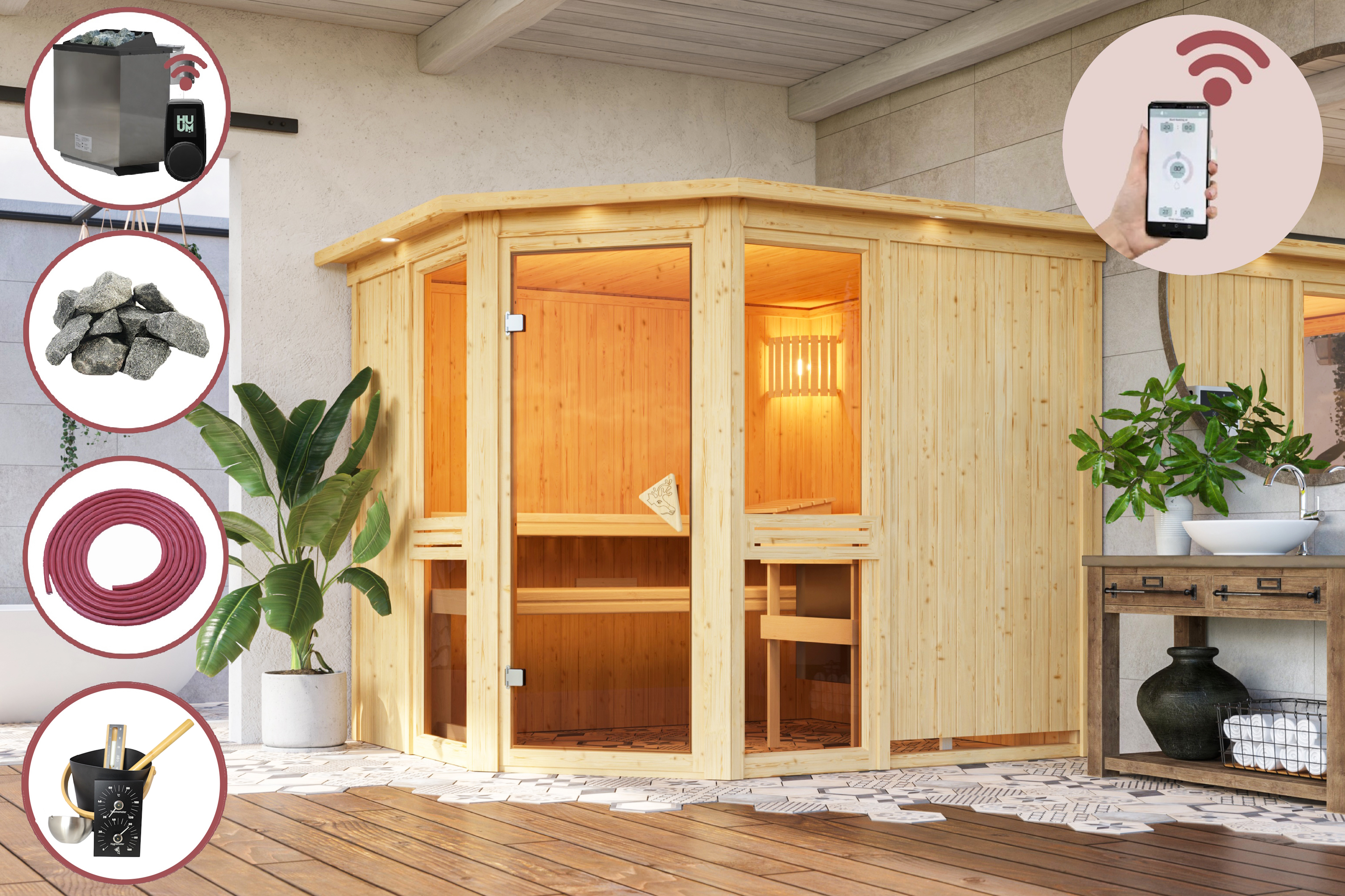 Sauna Marla 4 im Sparset / 9kW Bio-Ofen mit HUUM Wifi Steuerung