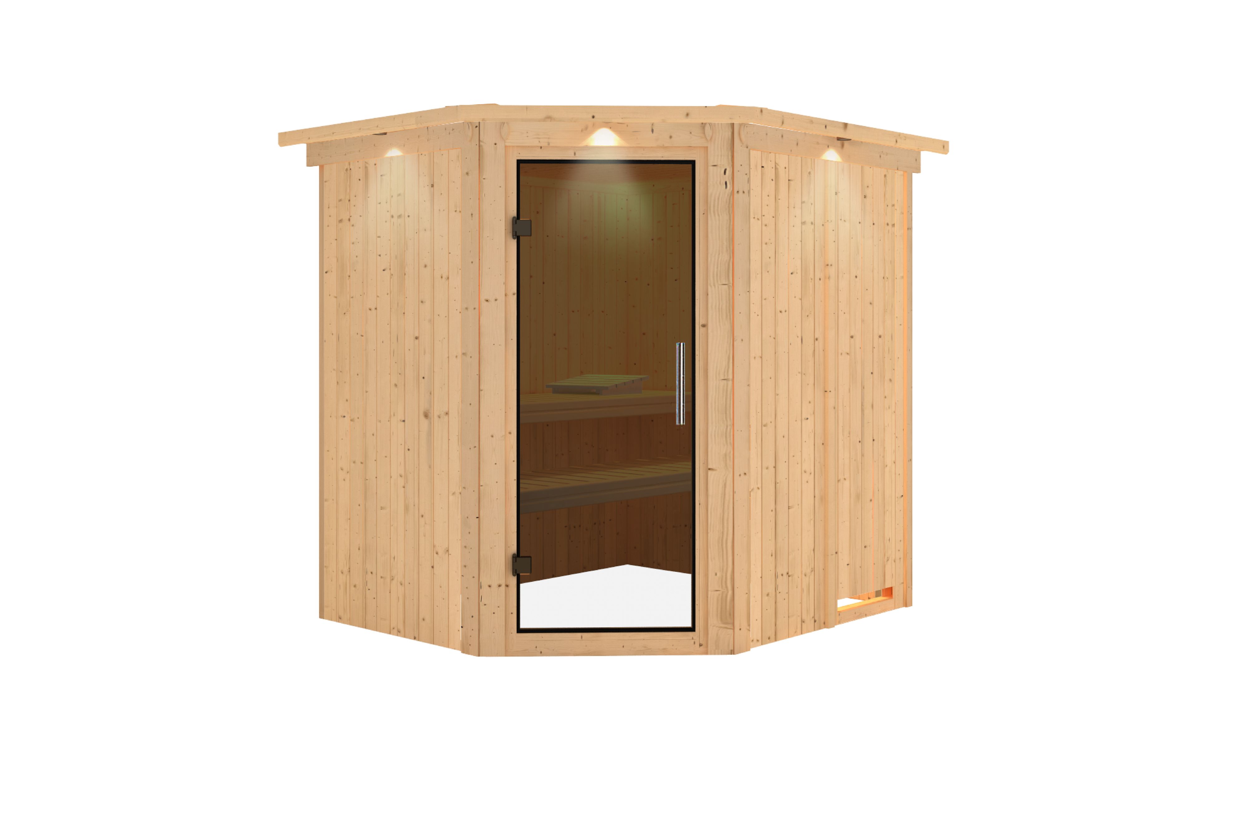 Innenansicht der Karibu Sauna Siirin mit Liegen und Kopfstütze aus hellem Espenholz