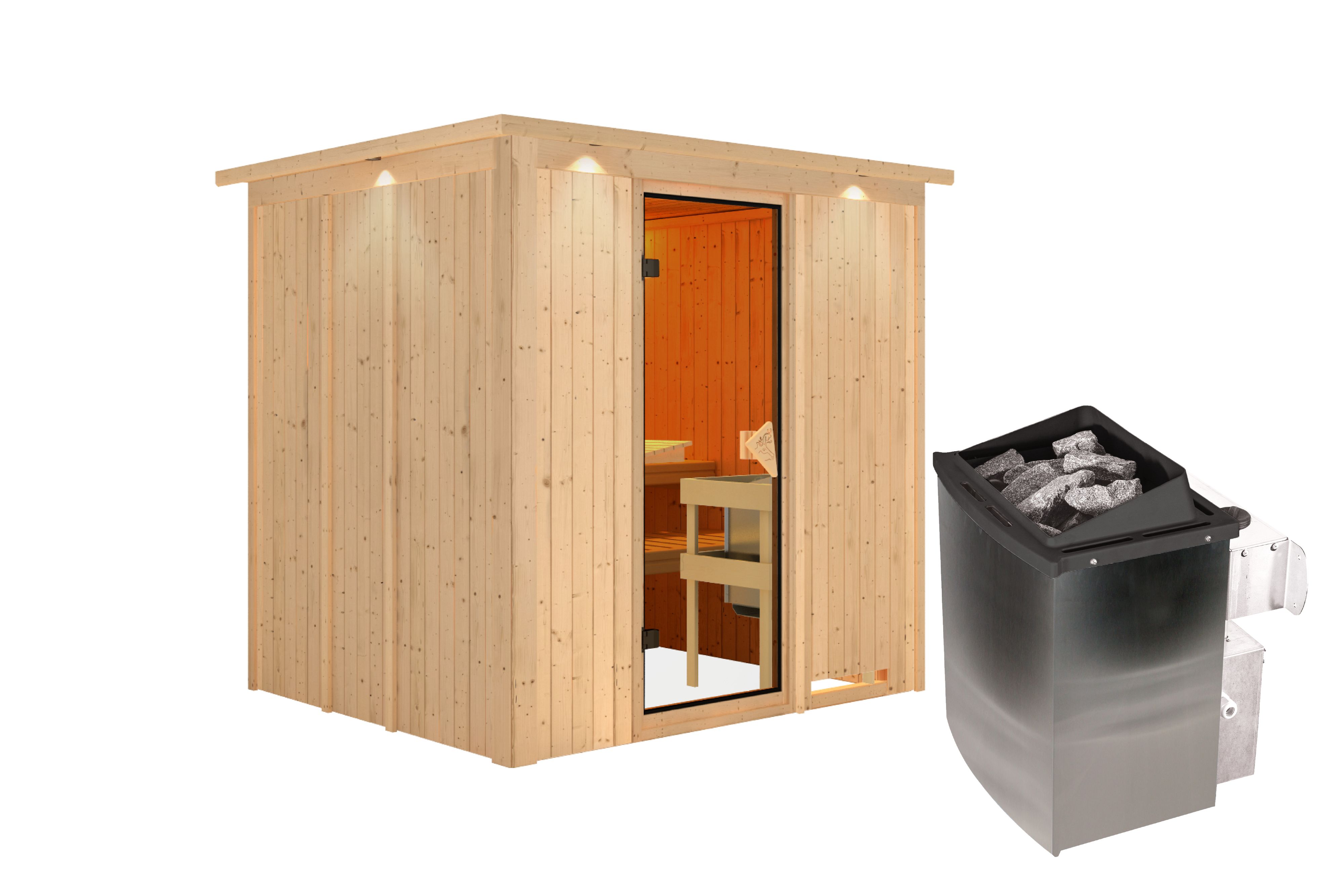 Innenansicht der Karibu Sauna Sodin mit Liegen und Kopfstütze aus hellem Espenholz