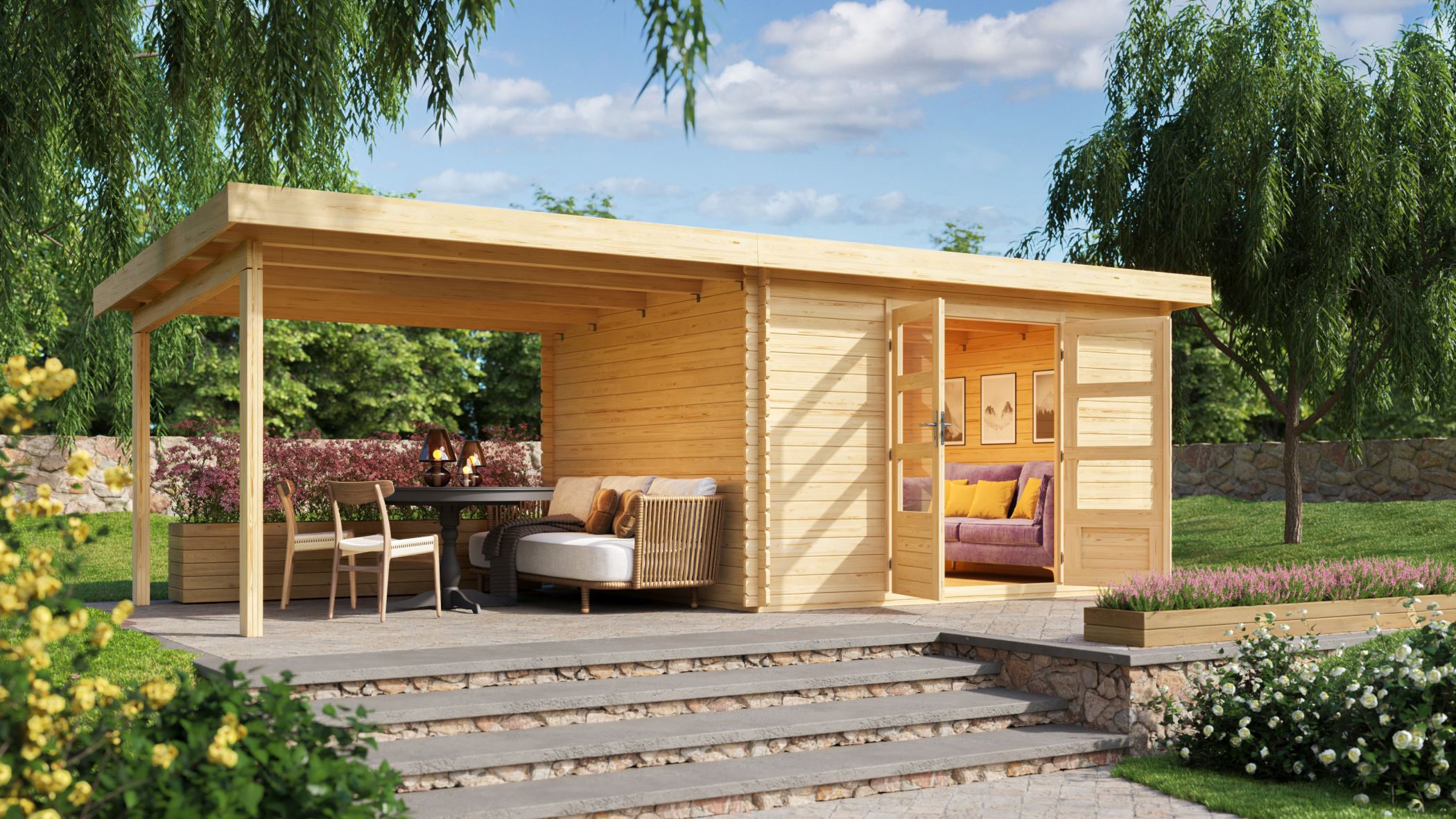 Karibu Gartenhaus Bastrup 7 mit Anbaudach im Garten