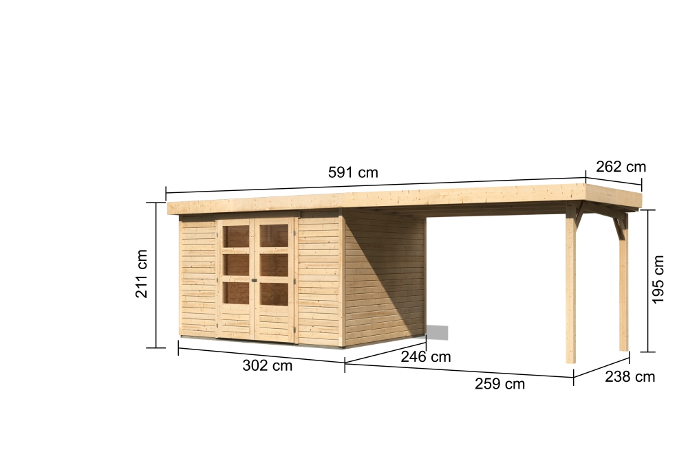 Bemaßte Maßzeichnung des Karibu großes Gerätehaus Askola 5 mit Anbaudach, 592 × 262 cm