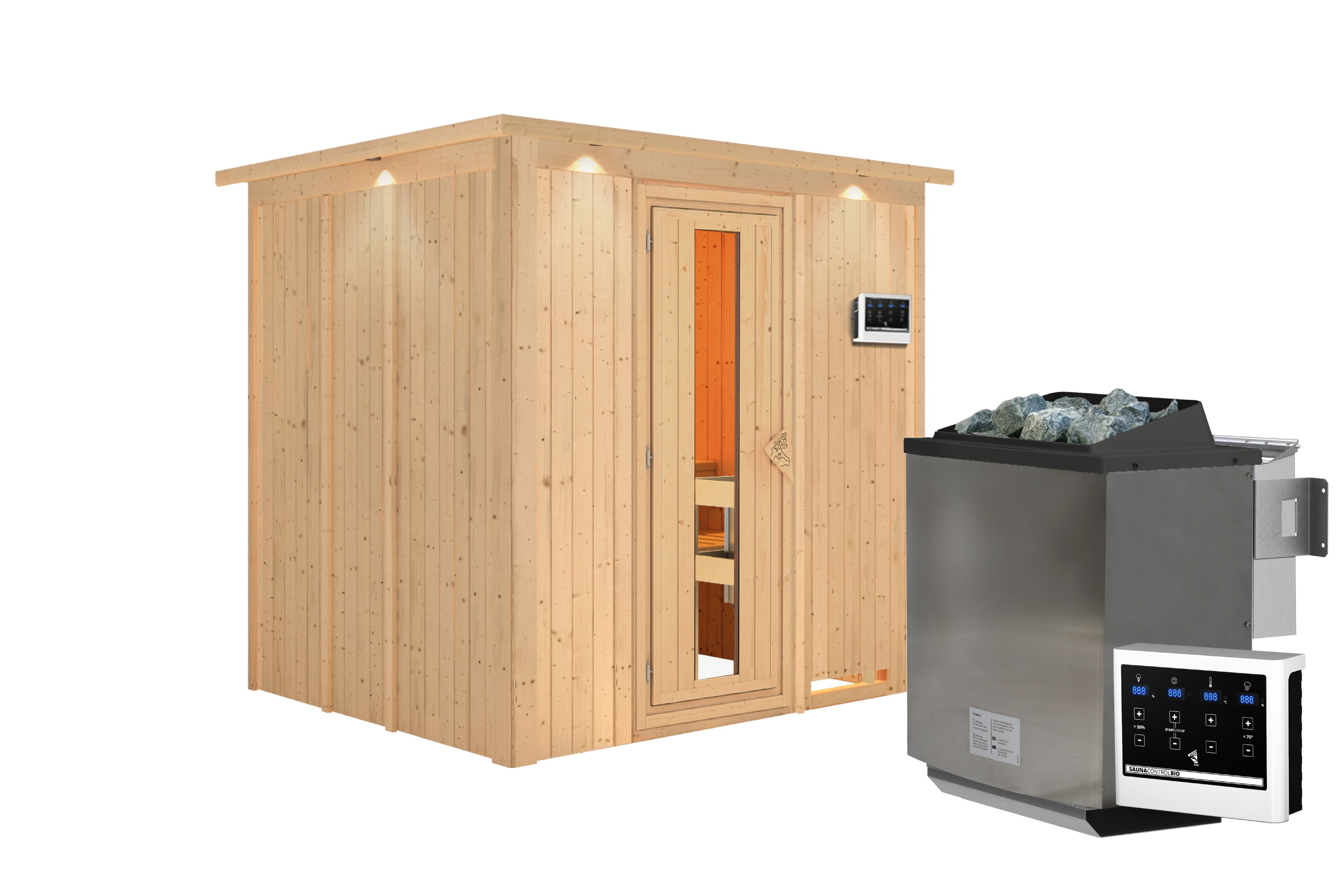 Innenansicht der Karibu Sauna Sodin mit Liegen und Kopfstütze aus hellem Espenholz