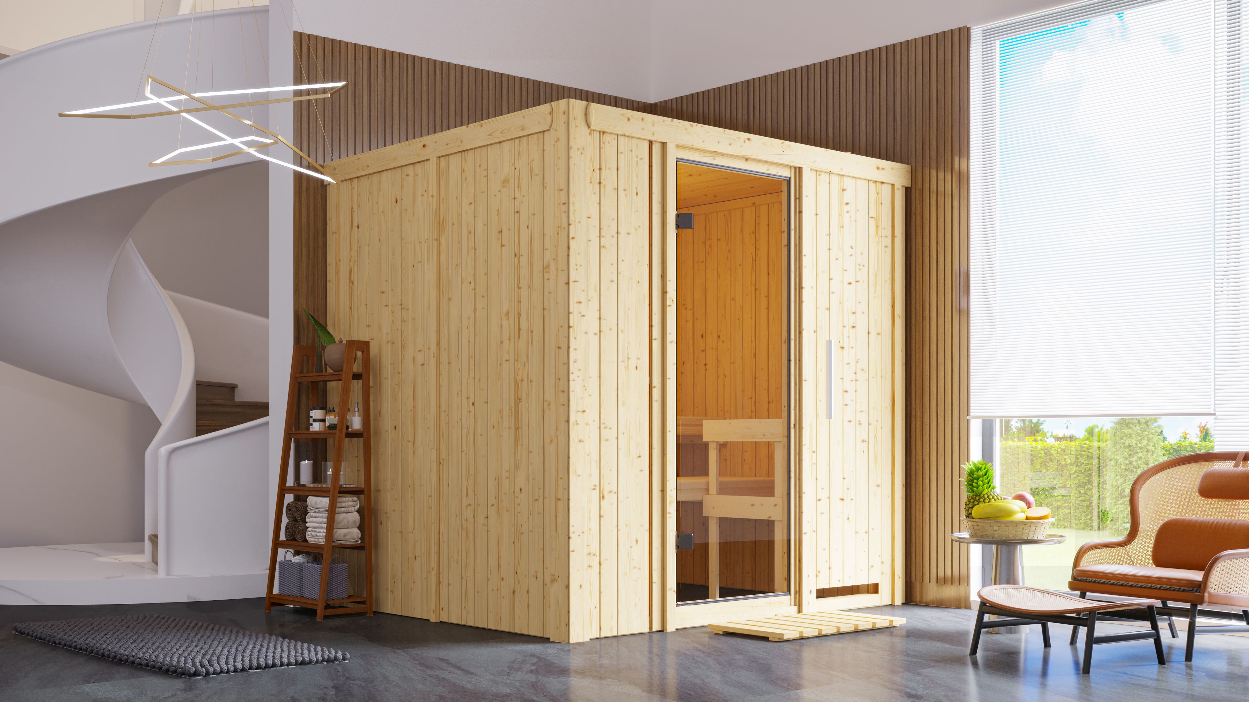 Karibu Sauna Sodin als hochwertige Sauna aus nordischer Fichte im Wohnraum-Ambiente
