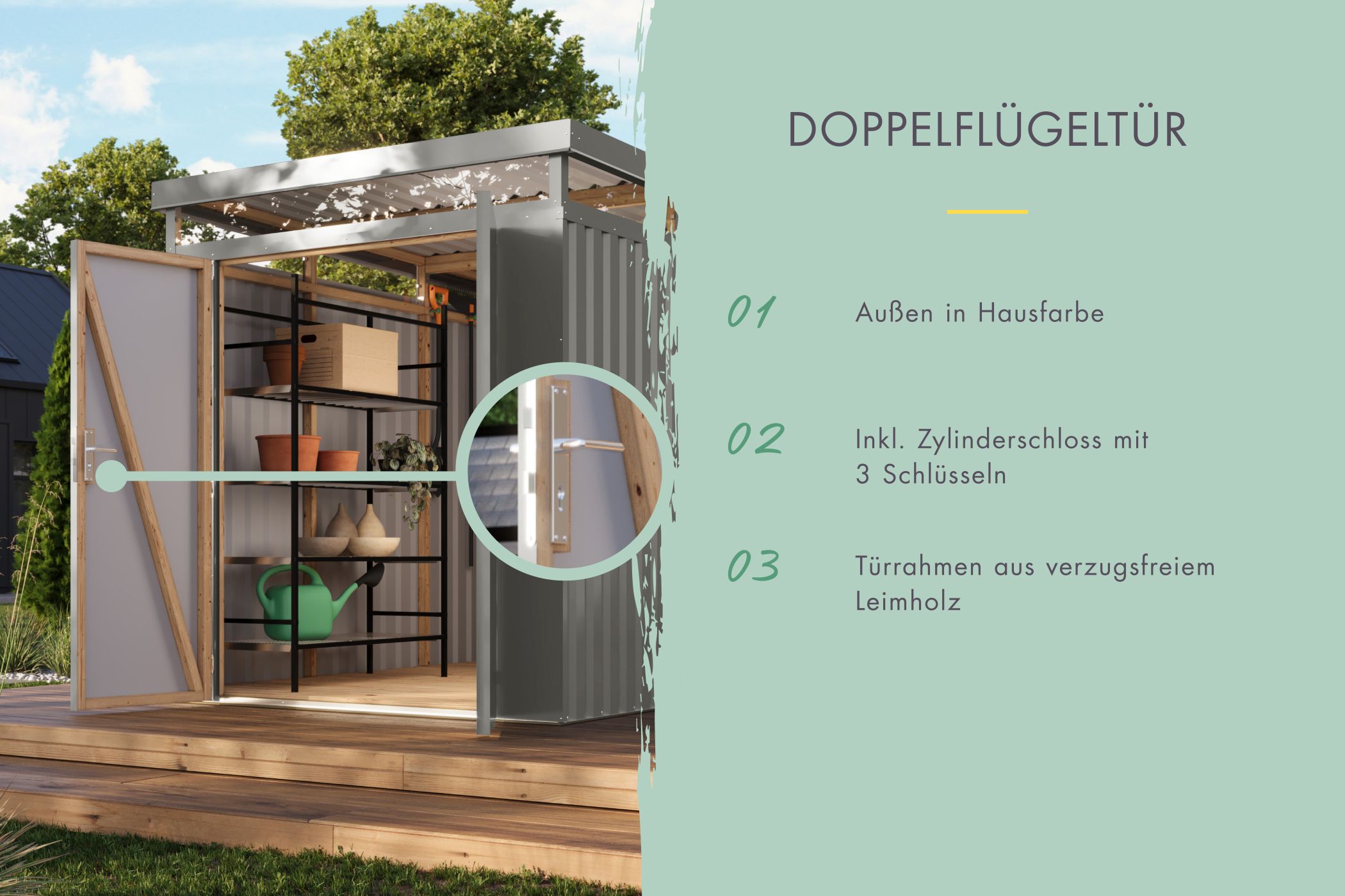 Doppelflügeltür des Karibu Gerätehaus aus Metall Aurum 3 mit Zylinderschloss und Kunstglas