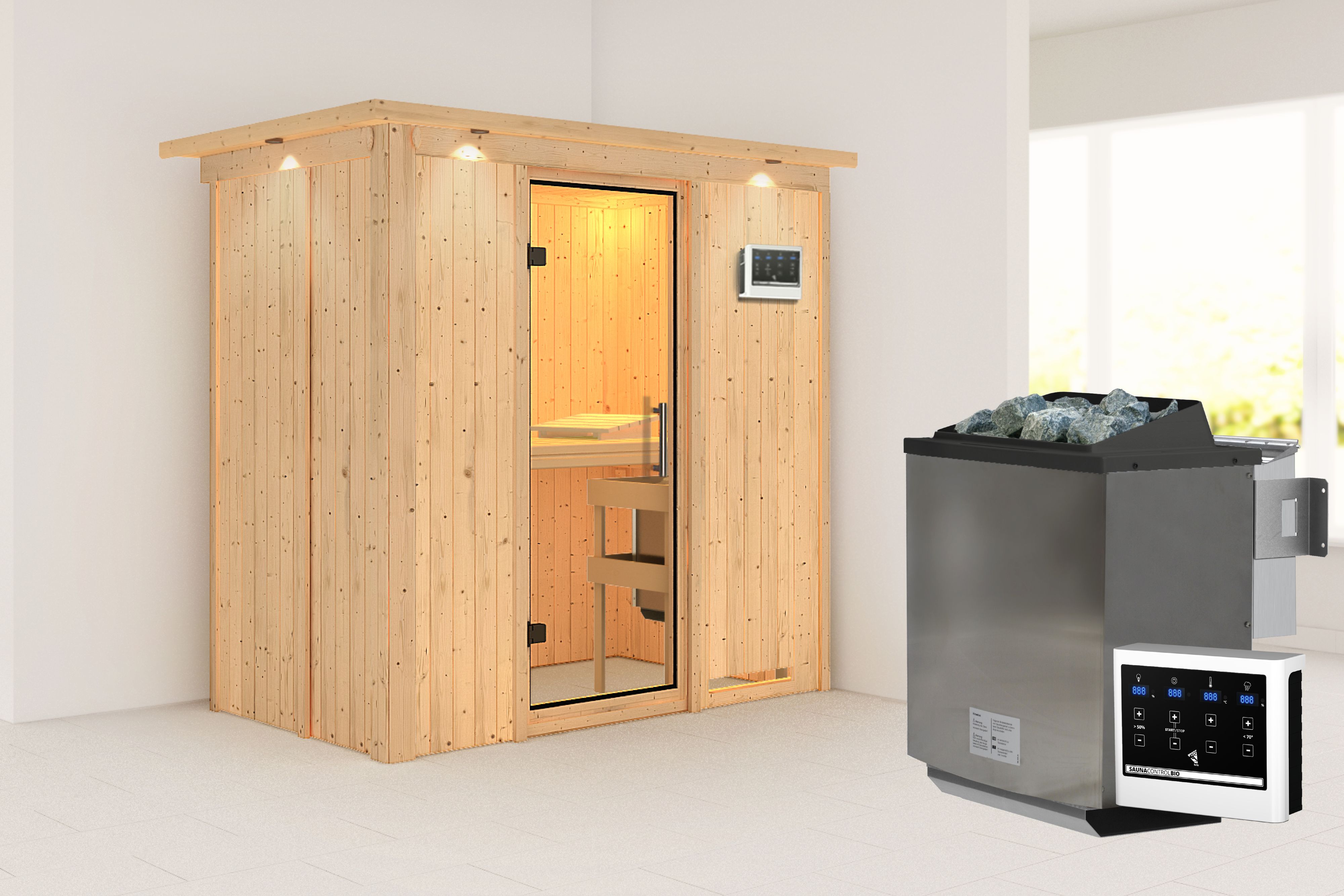 Außenansicht der Karibu Sauna Variado aus nordischer Fichte mit Klarglas-Ganzglastür und Fronteinstieg