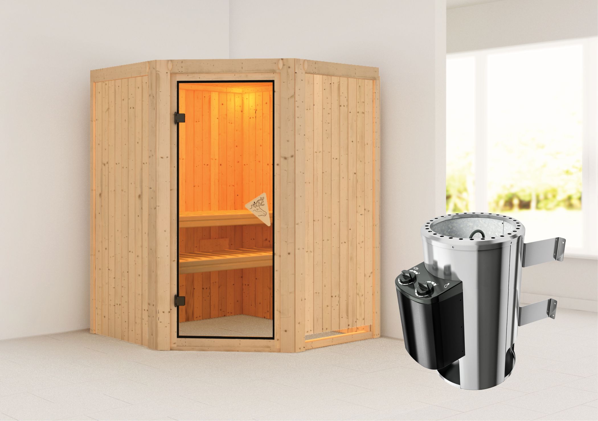 Außenansicht der Karibu Sauna Nanja aus nordischer Fichte mit bronzierter Ganzglastür und Fronteinstieg
