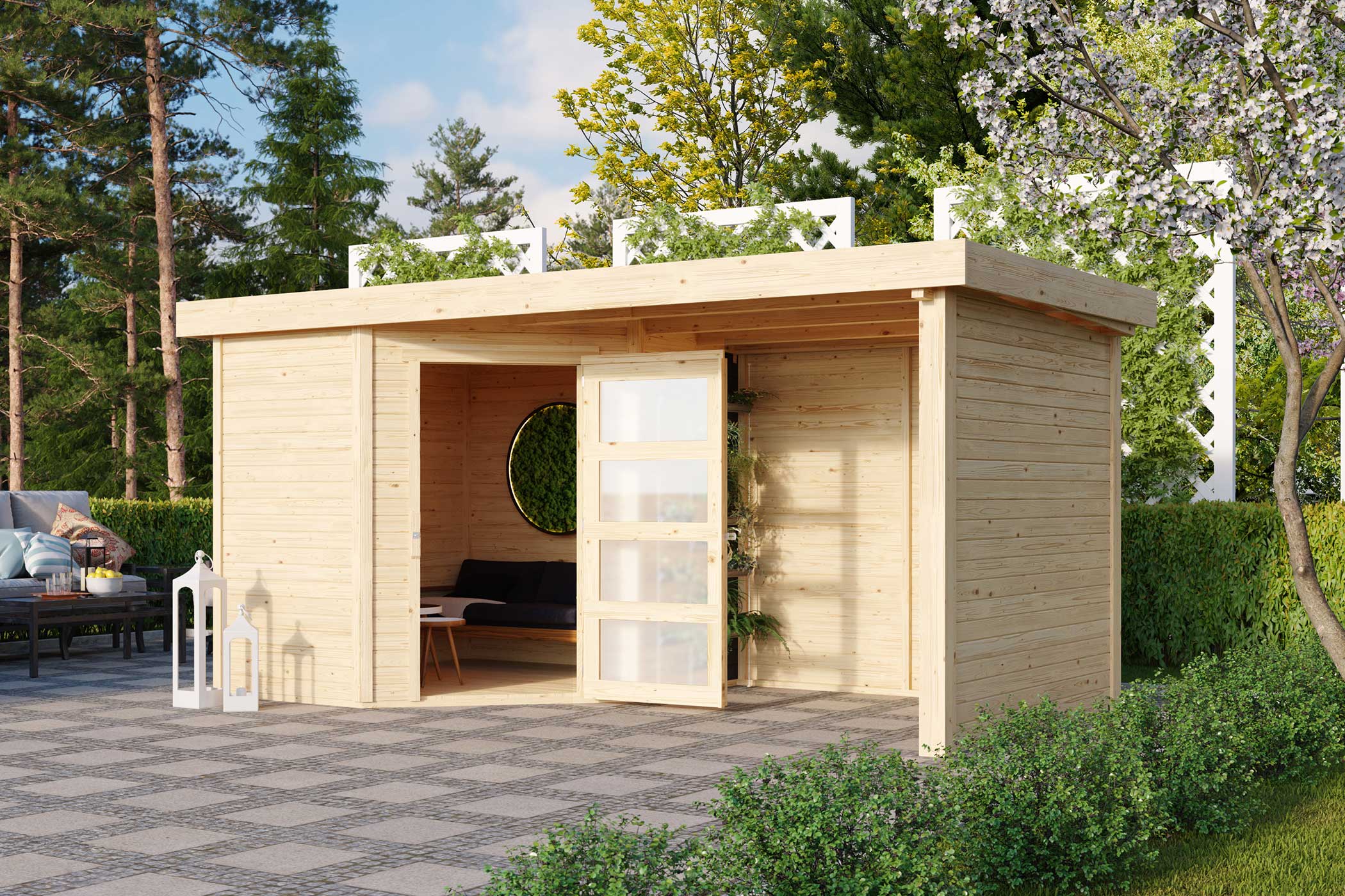 Karibu Gerätehaus Schwandorf 3 in Naturbelassen und Anbaudach im Garten