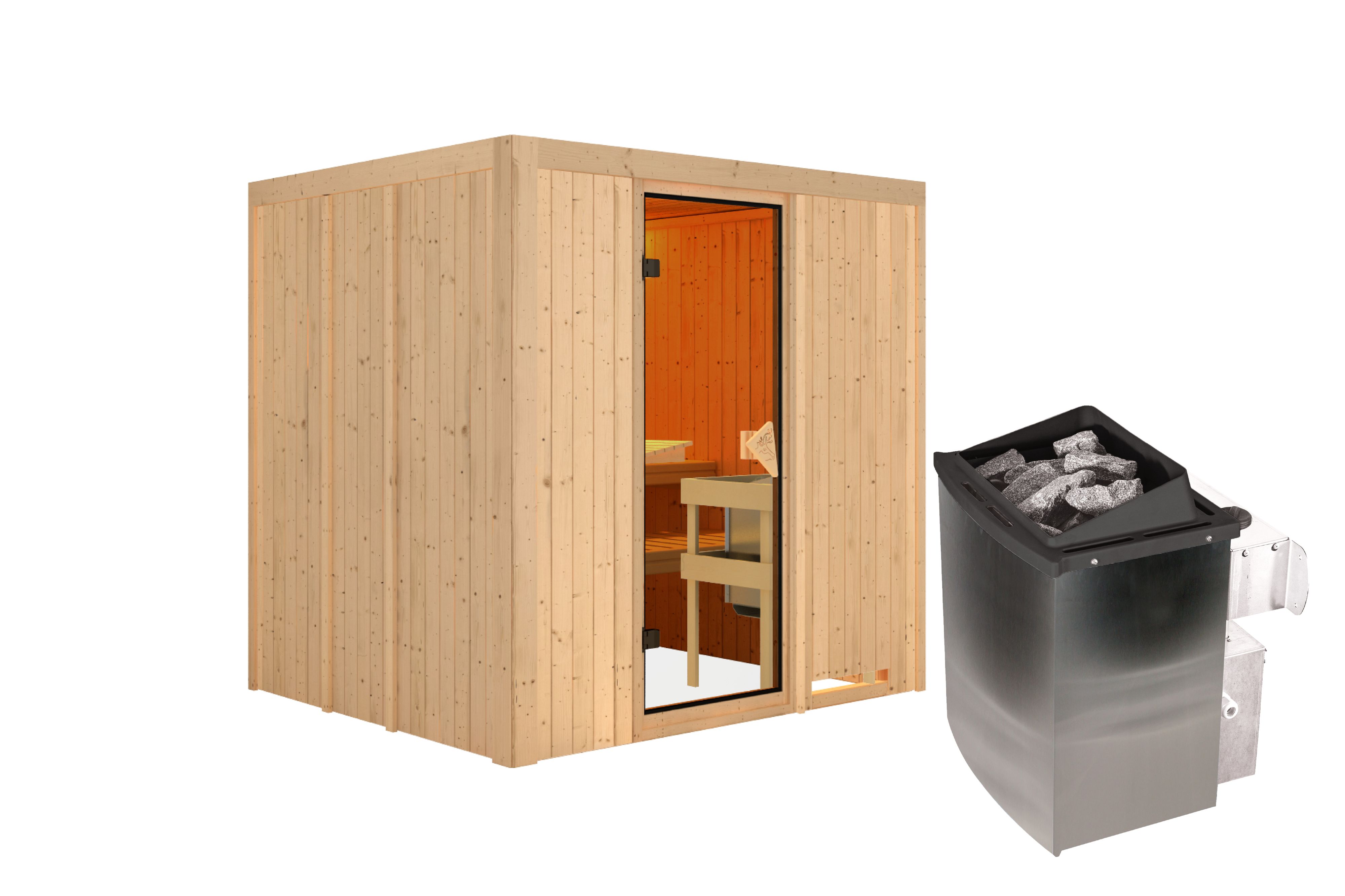 Innenansicht der Karibu Sauna Sodin mit Liegen und Kopfstütze aus hellem Espenholz