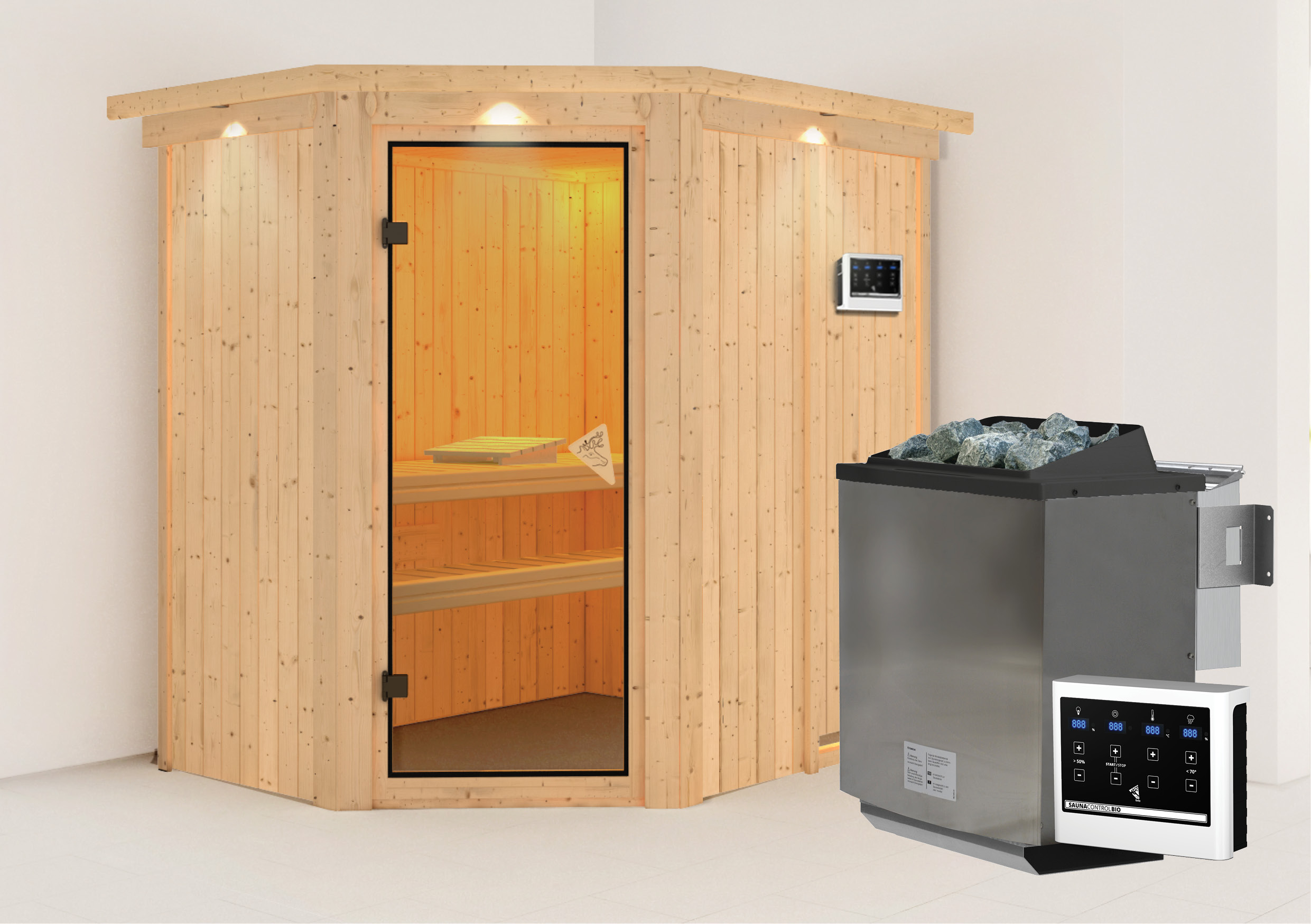 Außenansicht der Karibu Sauna Carin aus nordischer Fichte mit bronzierter Ganzglastür und Fronteinstieg