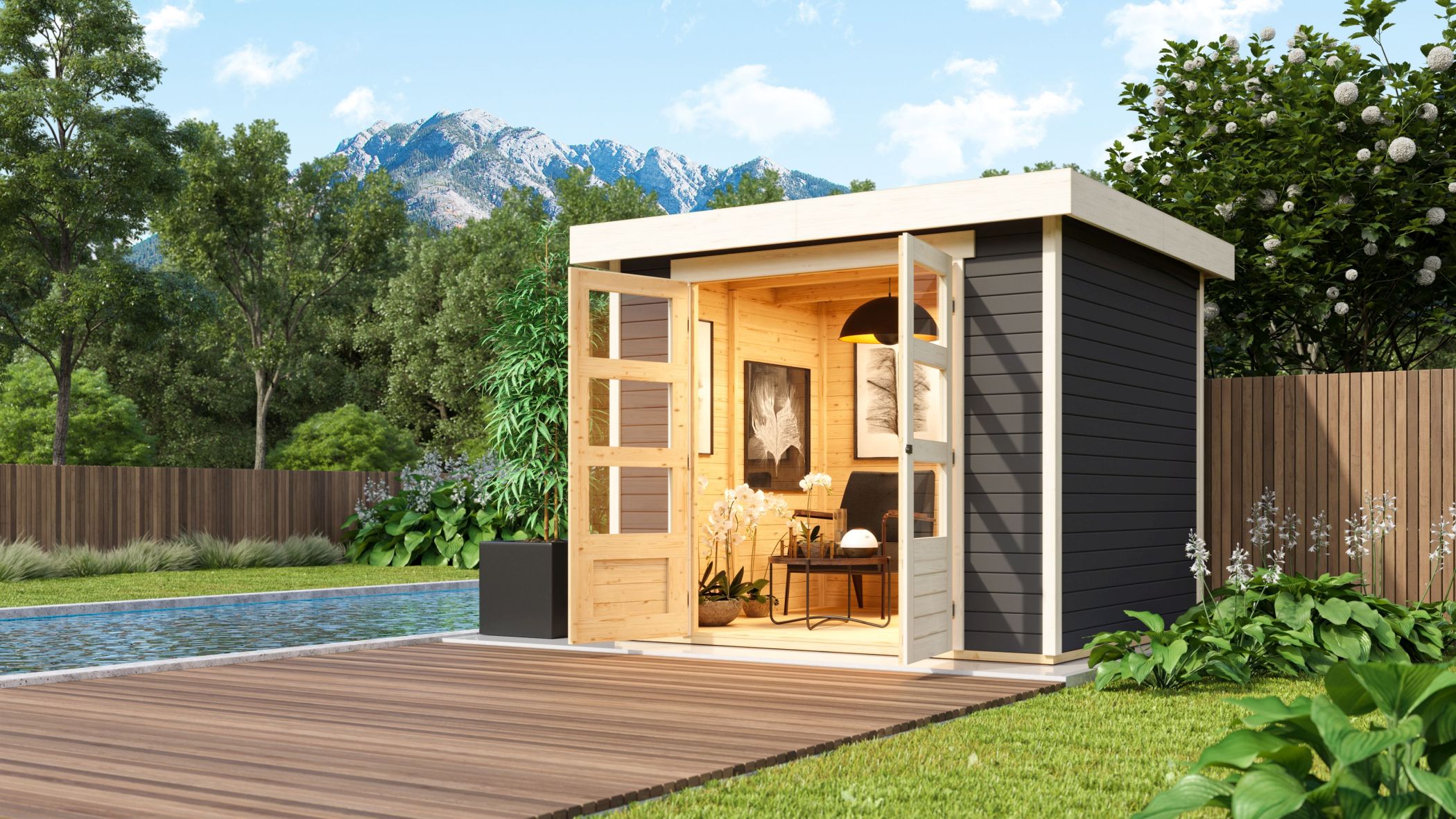 Karibu Gerätehaus Askola 3 in Terragrau im Garten