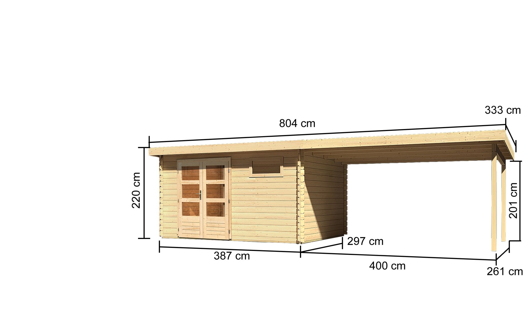 Bemaßte Maßzeichnung des Karibu Gartenhaus Bastrup 8 mit Anbaudach, 804 × 333 cm