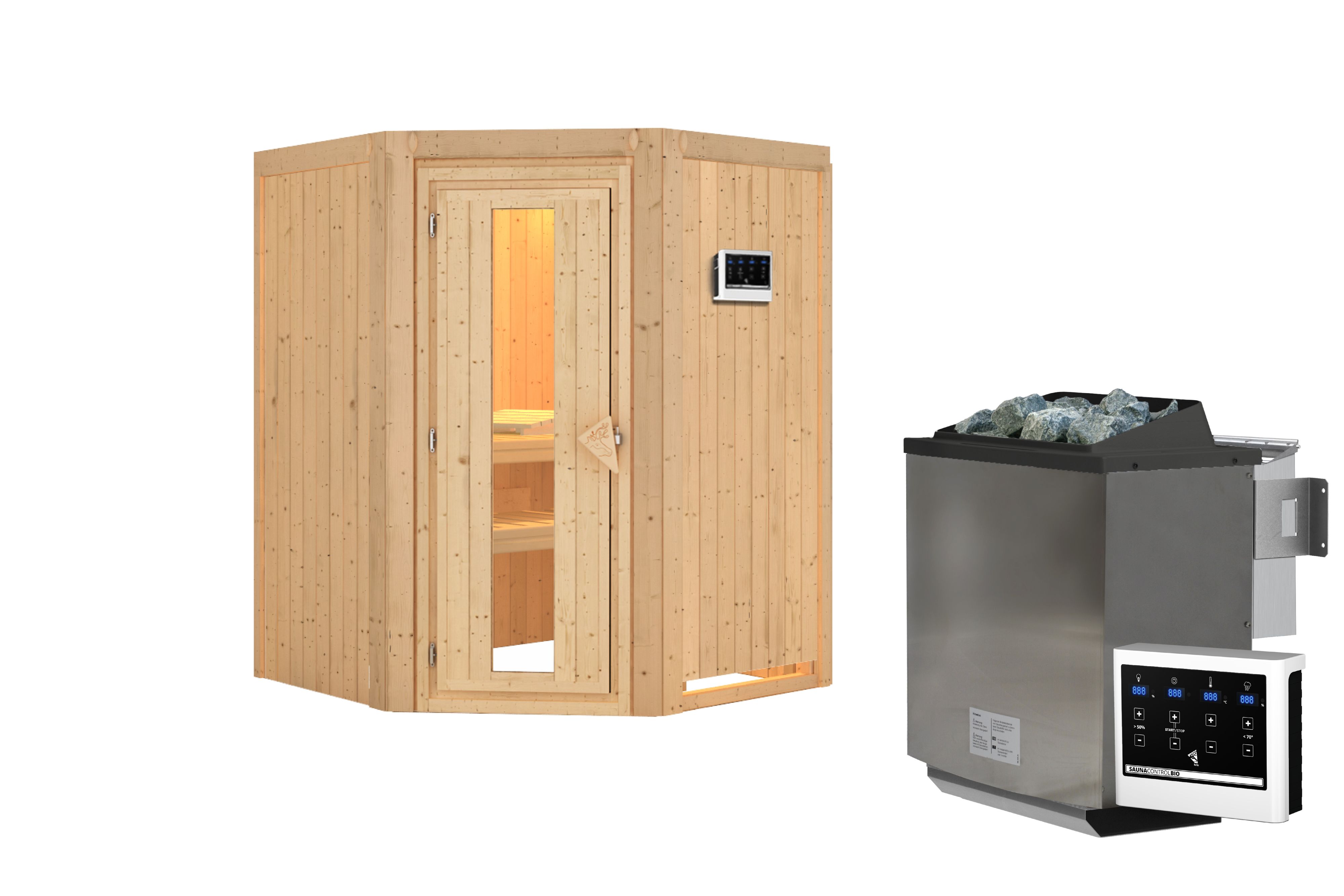 Innenansicht der Karibu Sauna Larin mit Liegen und Kopfstütze aus hellem Espenholz