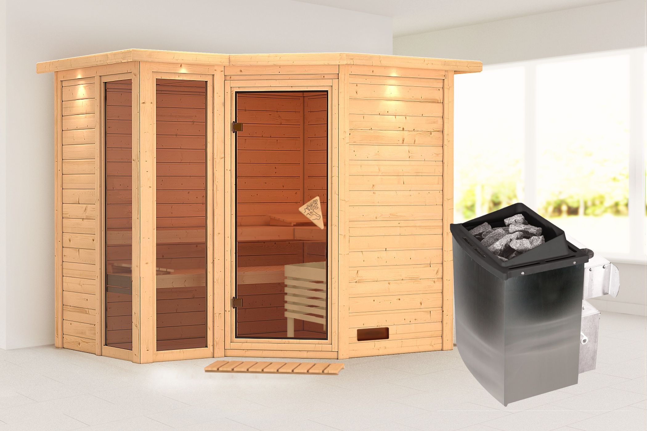 Außenansicht der Karibu Sauna Amara aus nordischer Fichte mit Ganzglastür und Fronteinstieg